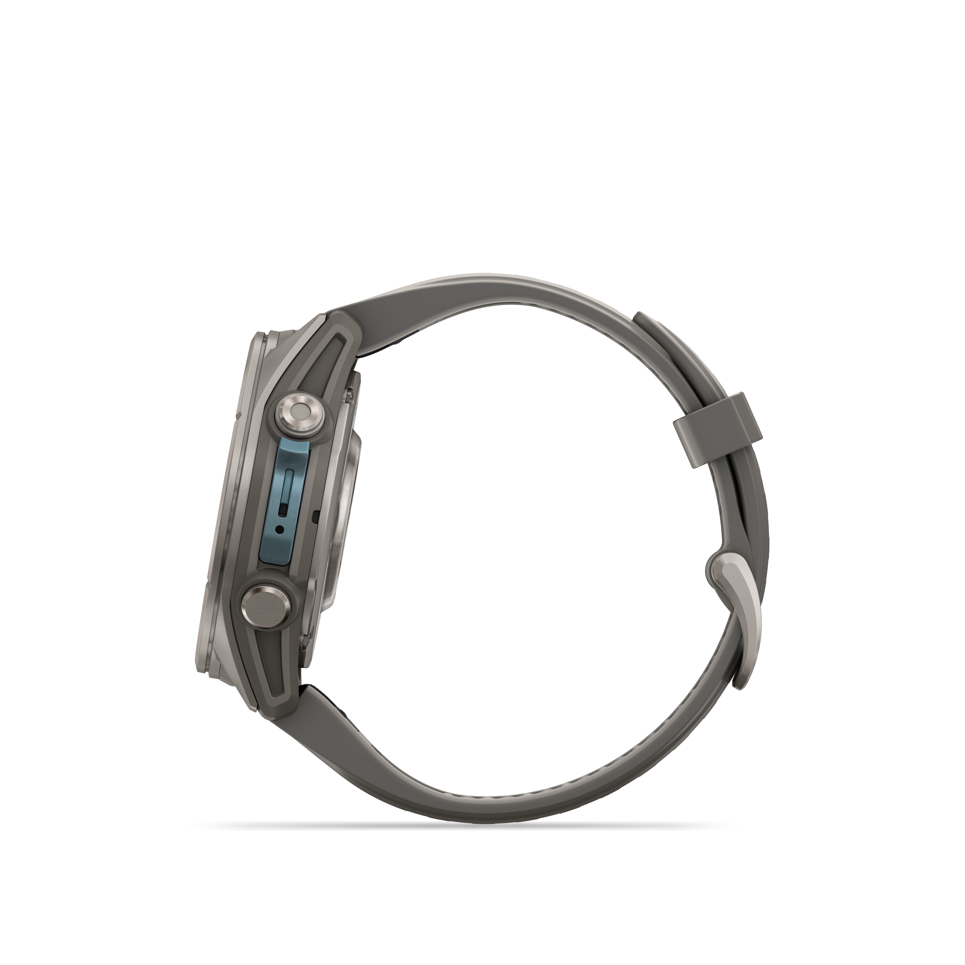 Seitenansicht einer grauen Smartwatch mit Metallknöpfen und dunklem Armband auf weißem Grund.