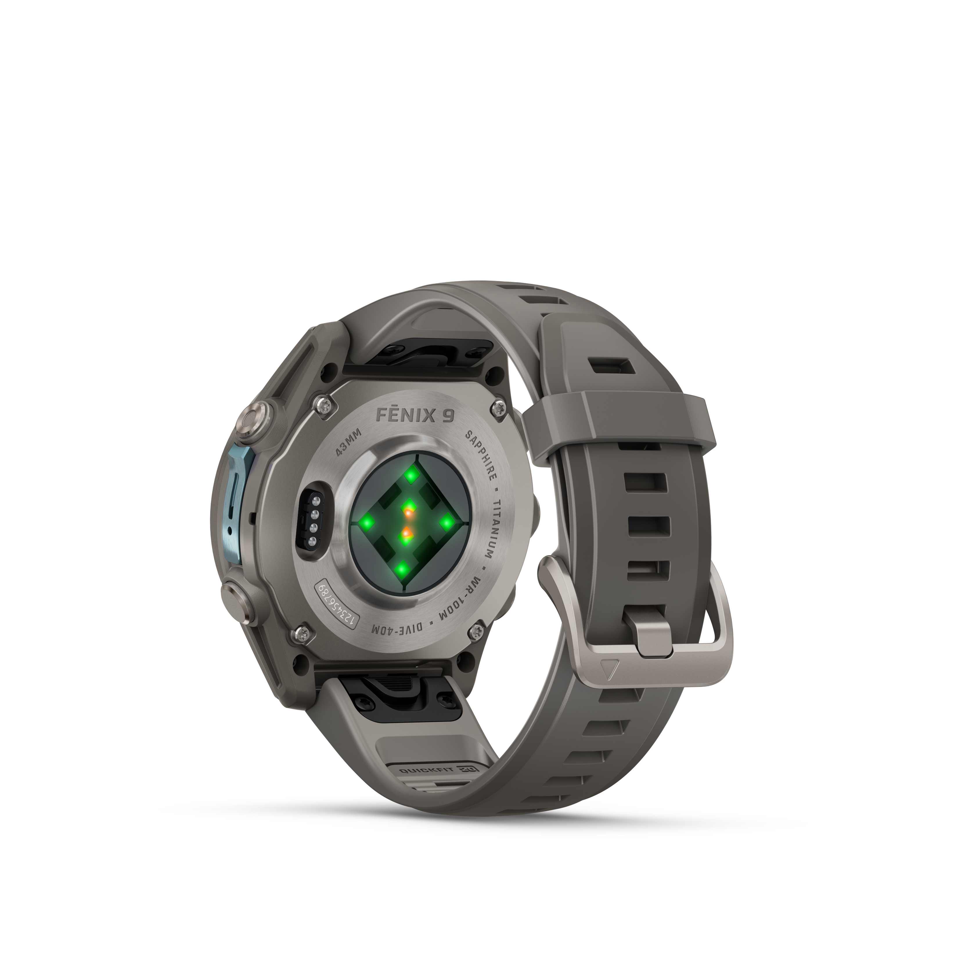 Rückansicht einer grauen Garmin Fenix 9 Smartwatch mit Sensor und Armband auf weißem Hintergrund.