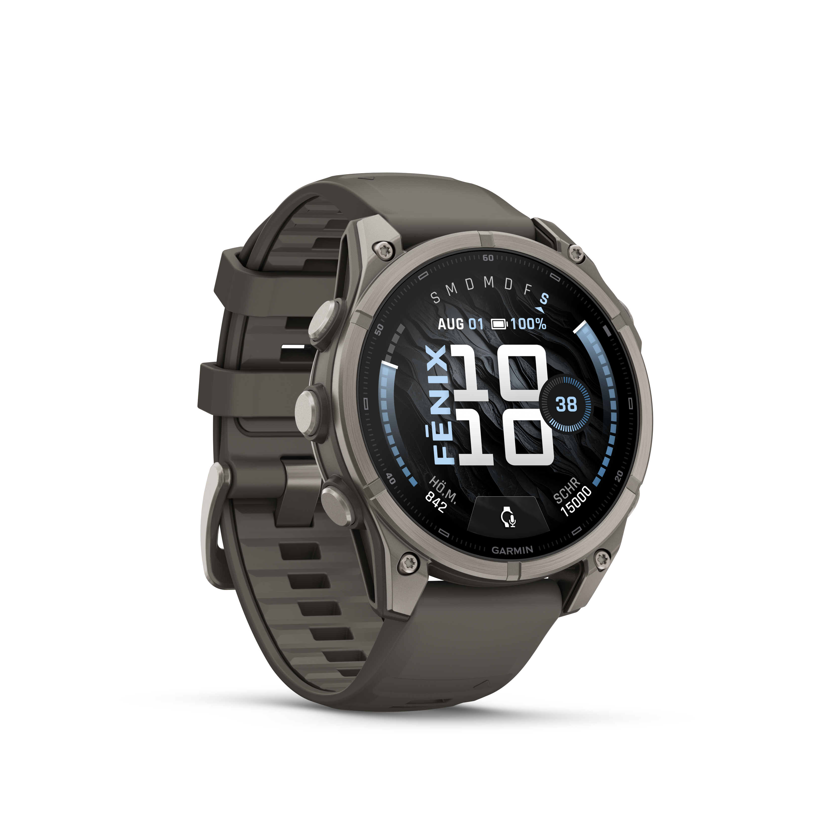 Eine graue Garmin Fenix Smartwatch mit dunkelstrukturiertem Armband und digitalem Display.