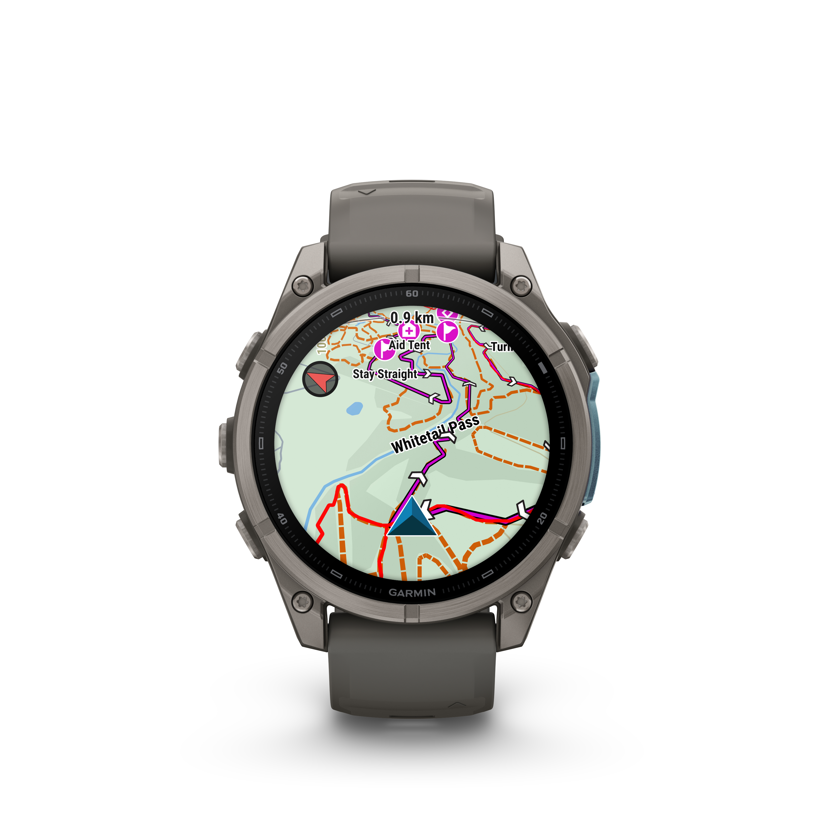 Eine graue Garmin-Sportuhr zeigt eine detaillierte digitale Wanderkarte mit Routenlinien und Symbolen auf dem runden Display.
