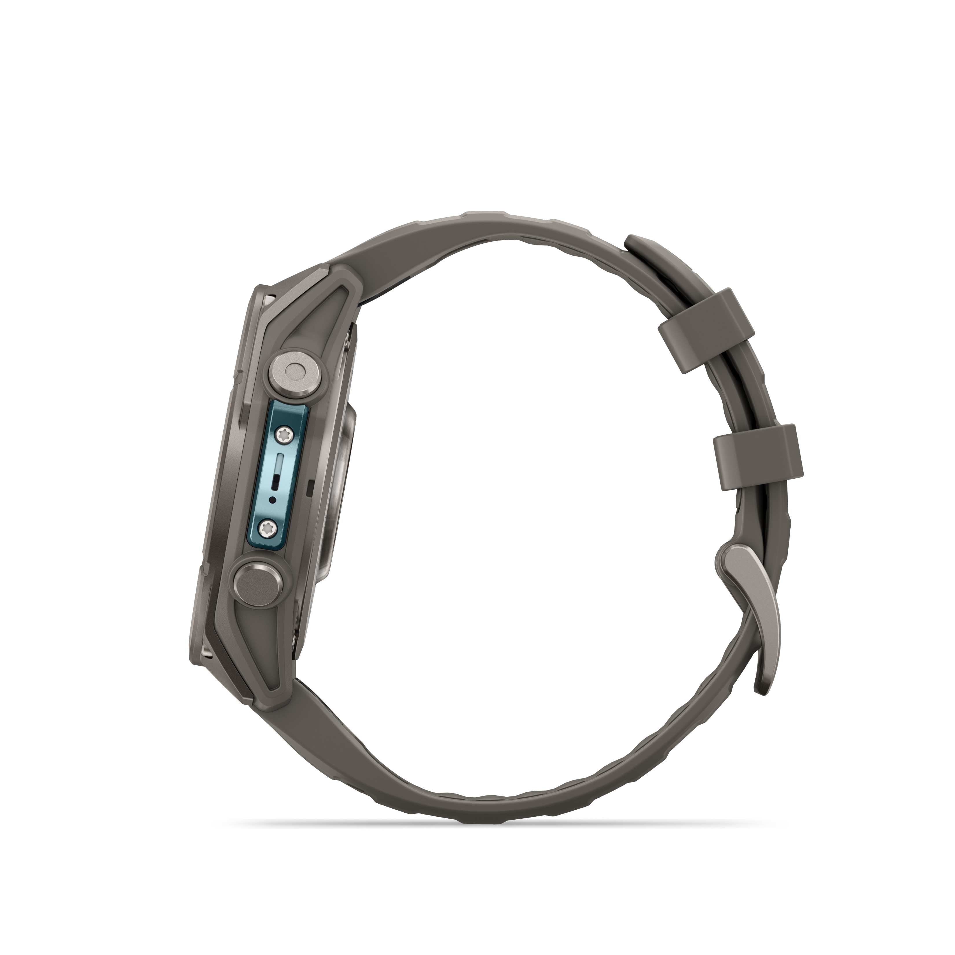 Seitenansicht einer dunklen Outdoor-Sportuhr mit robustem Silikonarmband und blauen Akzenten auf weißem Hintergrund.