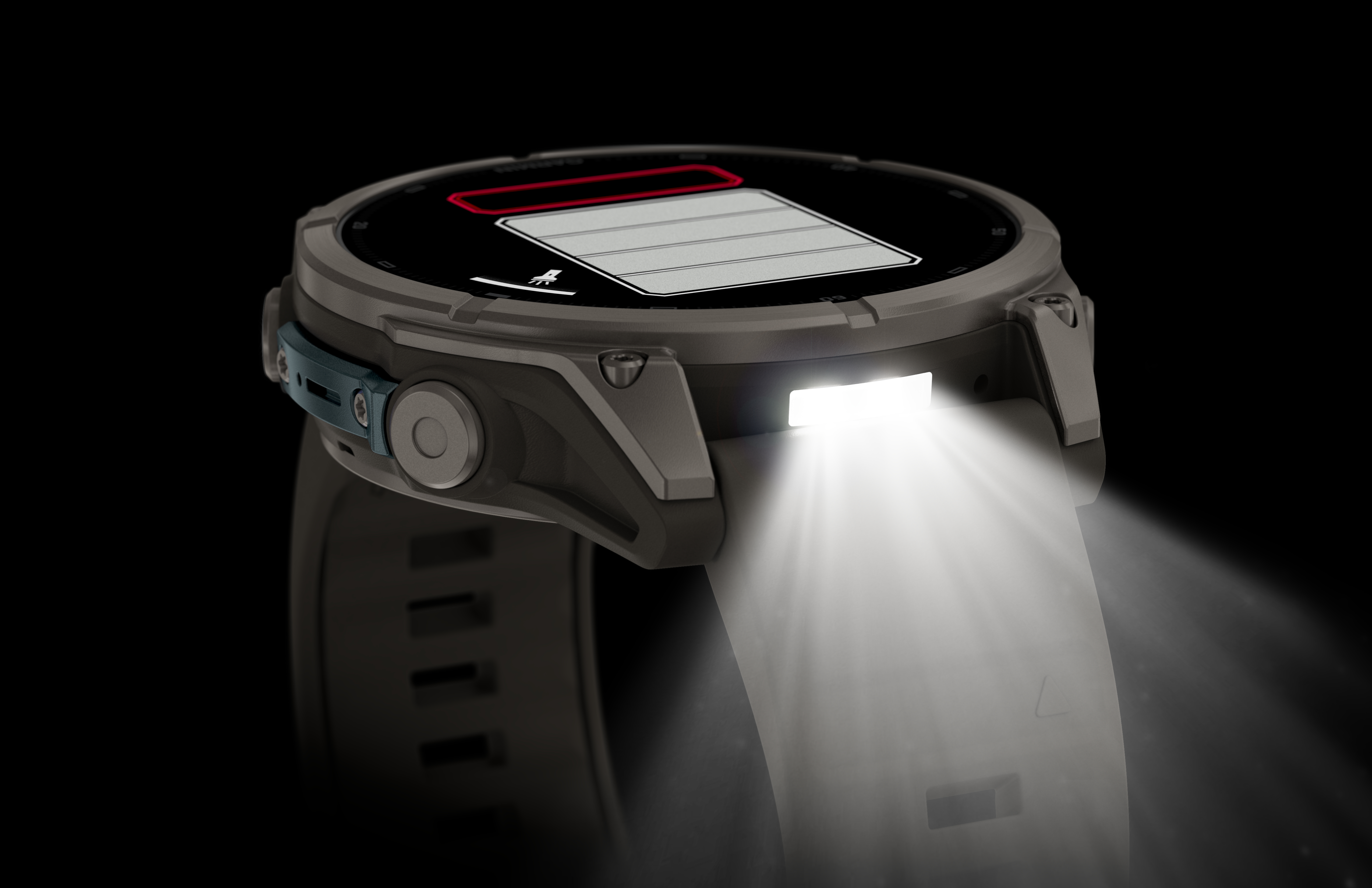 Eine schwarze Sport-Smartwatch mit einer hellen, integrierten Taschenlampe vor dunklem Hintergrund.