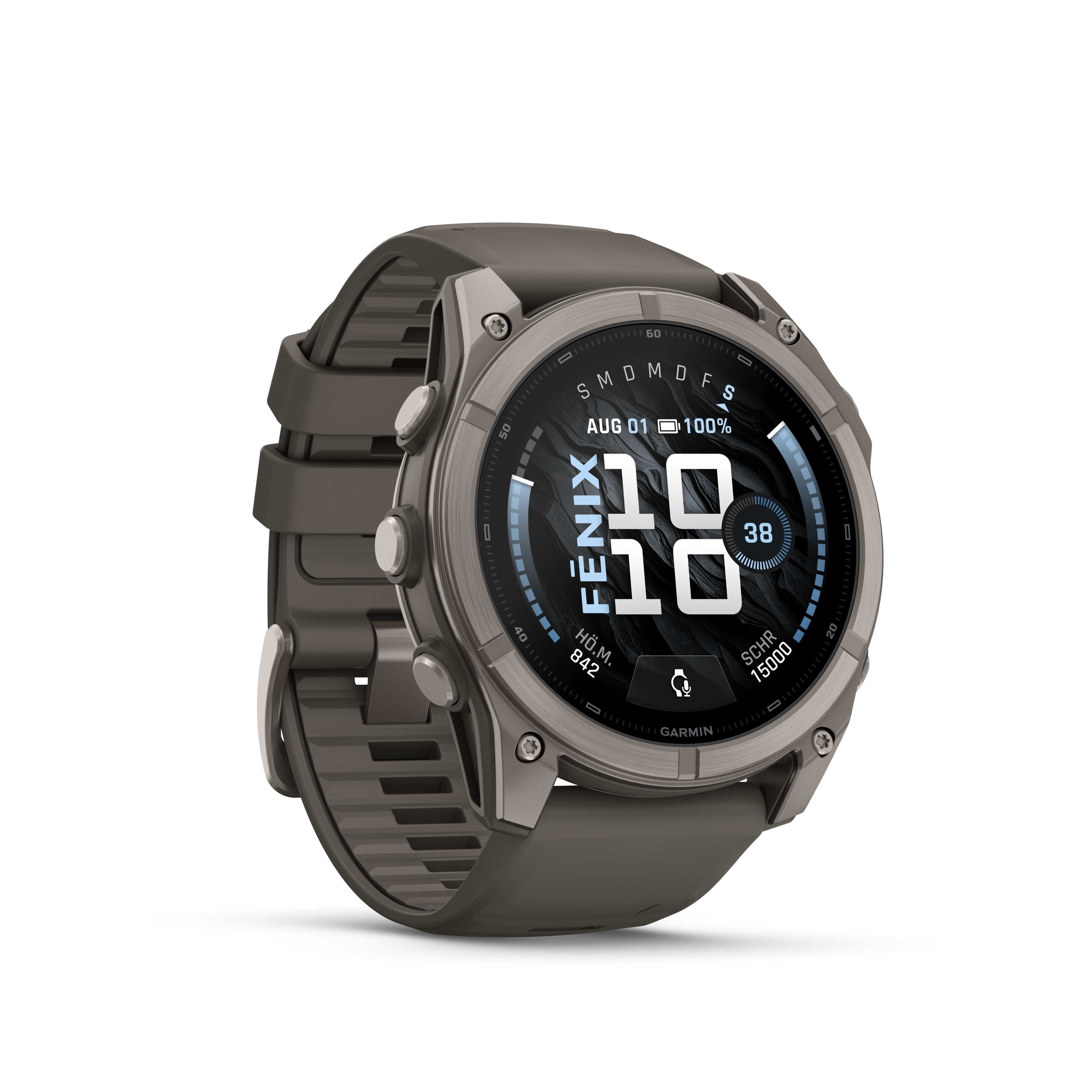 Eine graue Garmin Fenix Smartwatch mit digitalem Zifferblatt und Silikonarmband auf weißem Hintergrund.