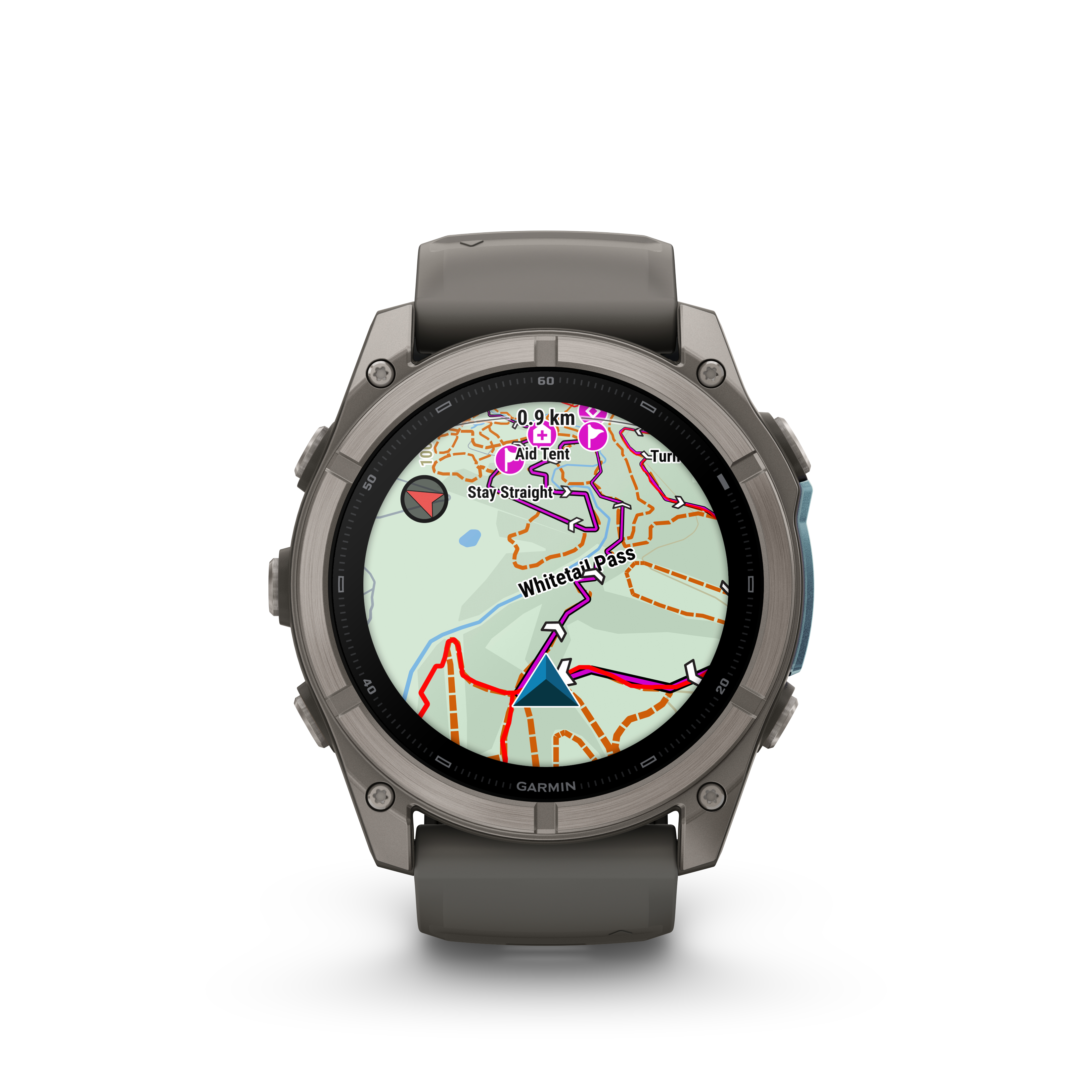 Eine graue Garmin-Sportuhr mit GPS-Navigationskarte auf dem runden Display und einem passenden Armband.