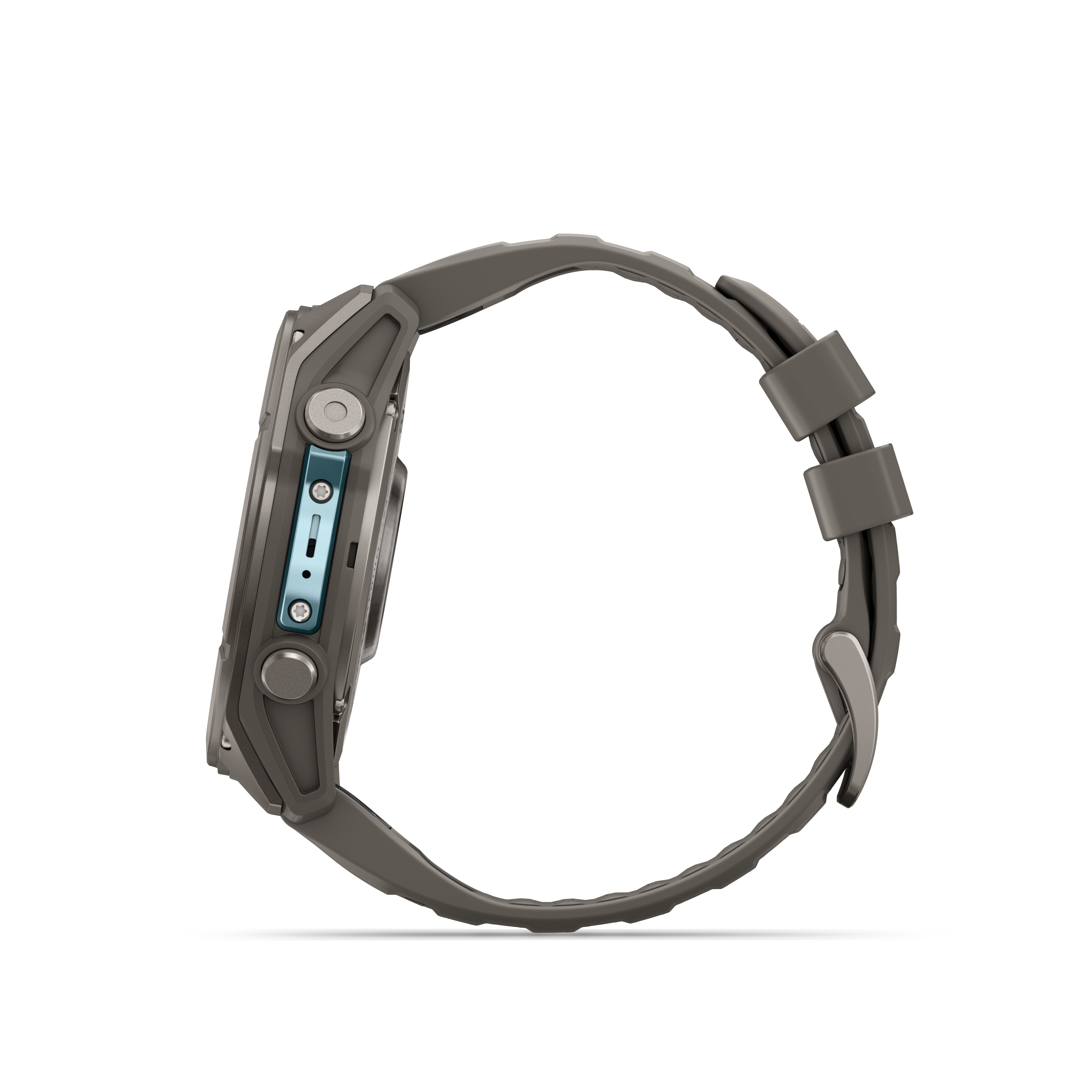 Seitenansicht einer dunklen Smartwatch mit Silikonarmband und blauen Akzenten auf weißem Hintergrund.