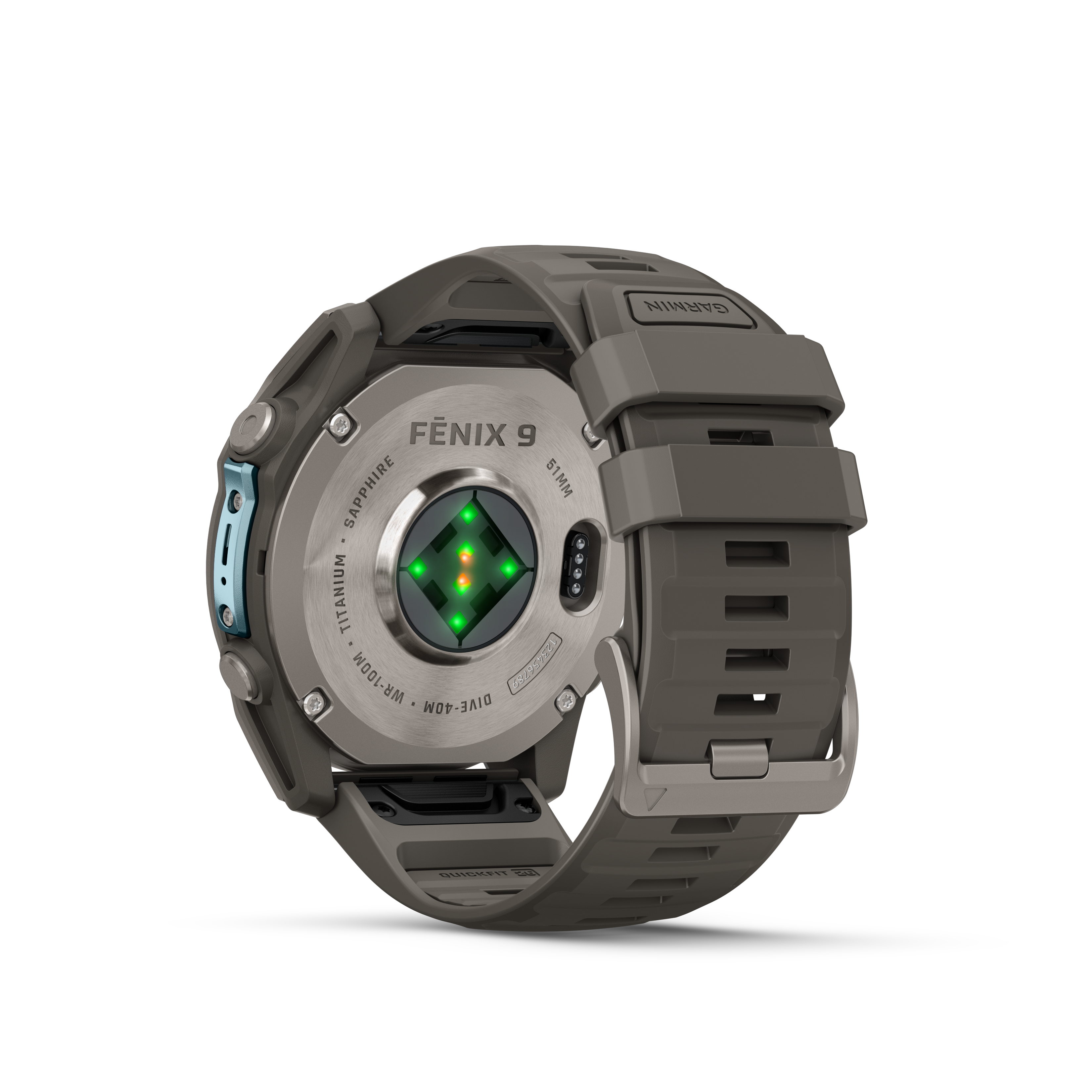 Rückansicht einer grauen Garmin Fenix 9 Smartwatch mit Titangehäuse, Sensoren und Kautschukarmband.
