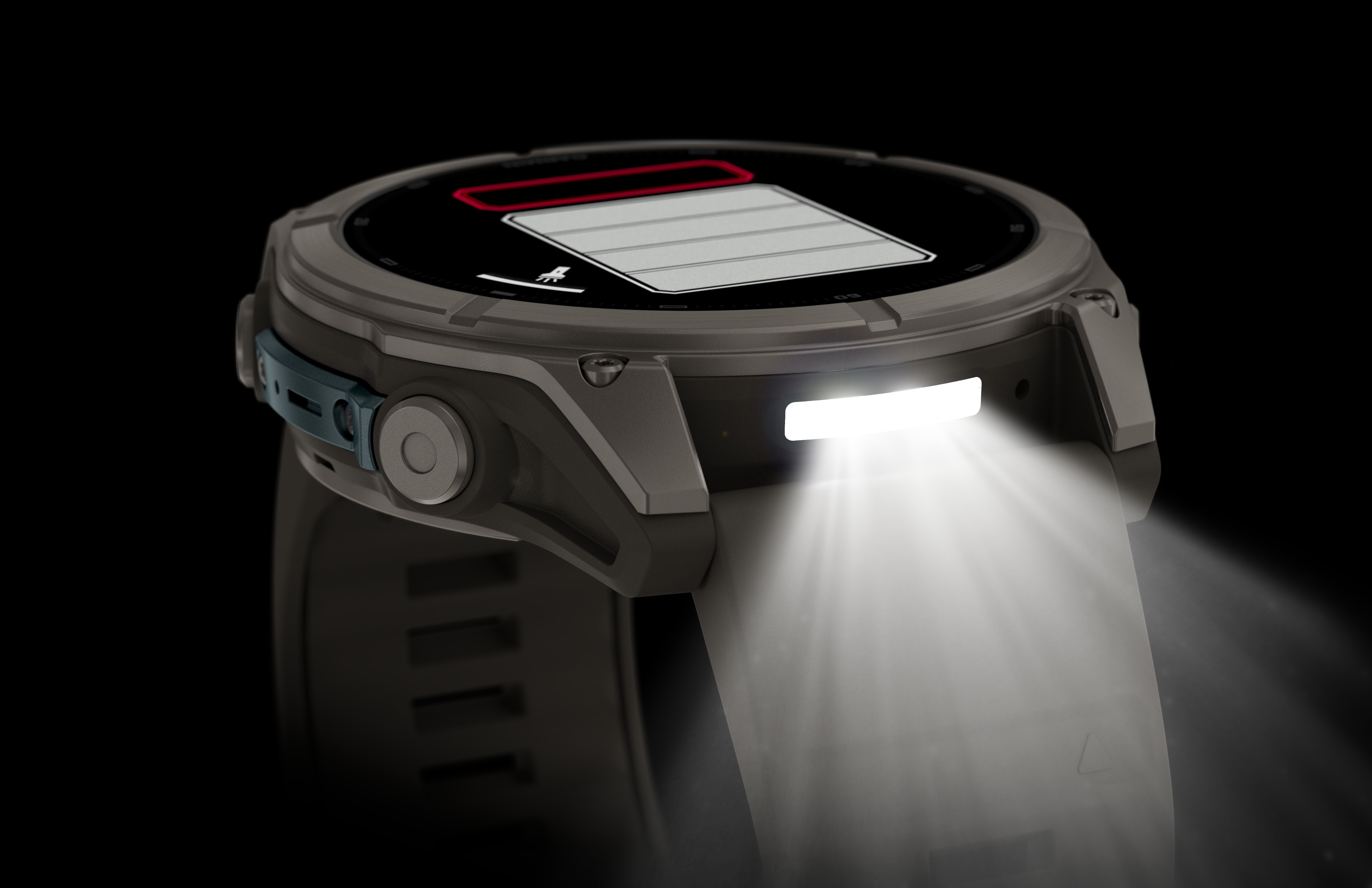 Eine Smartwatch mit integrierter Taschenlampe wirft auf schwarzem Hintergrund einen hellen Lichtkegel nach vorne.