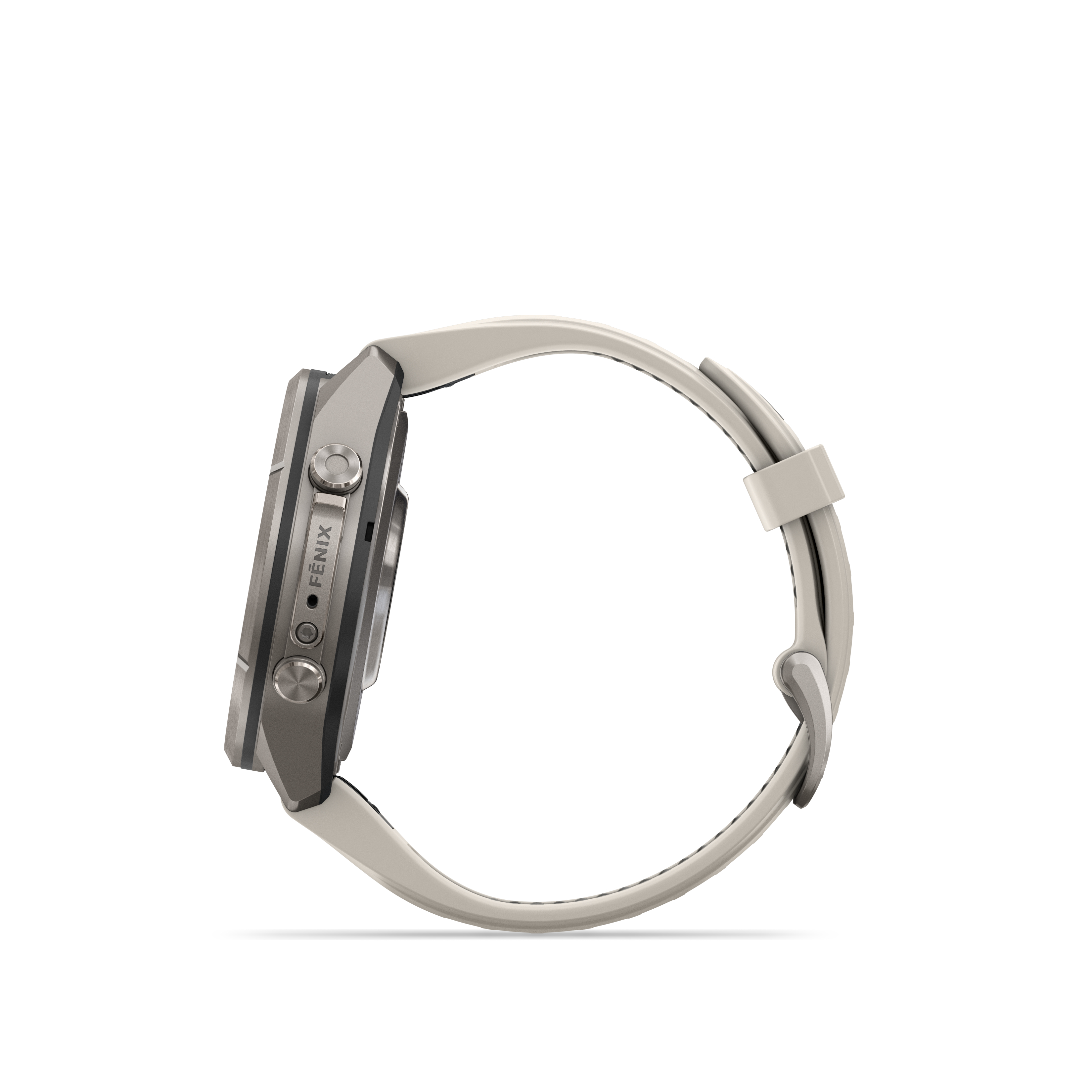 Seitenansicht einer grauen Fenix-Sportuhr mit hellem Silikonarmband vor weißem Hintergrund.