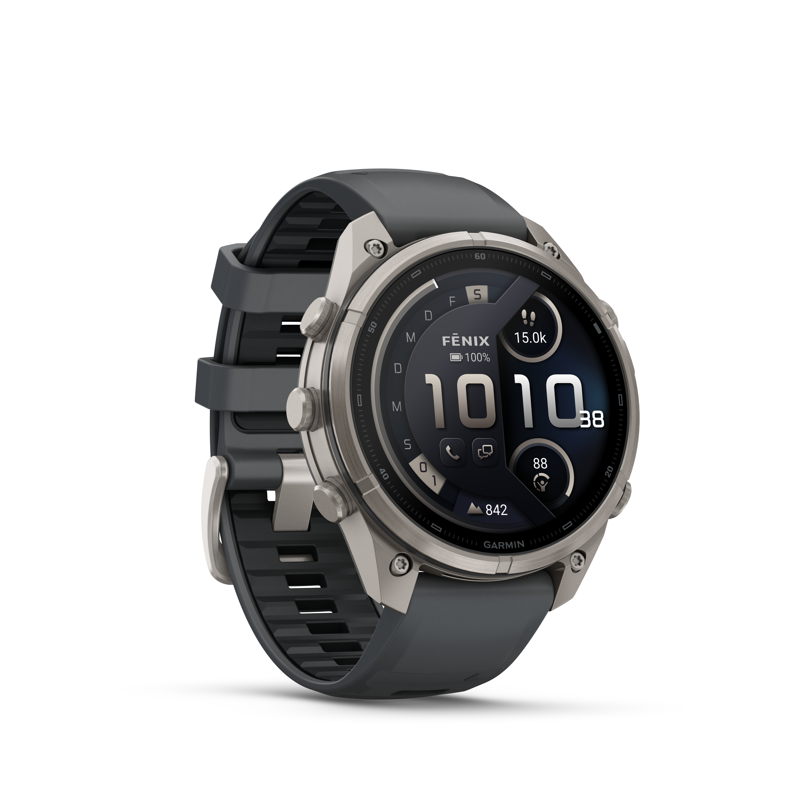Eine graue Garmin-Sportuhr mit Metallgehäuse und schwarzem Silikonarmband vor weißem Hintergrund.