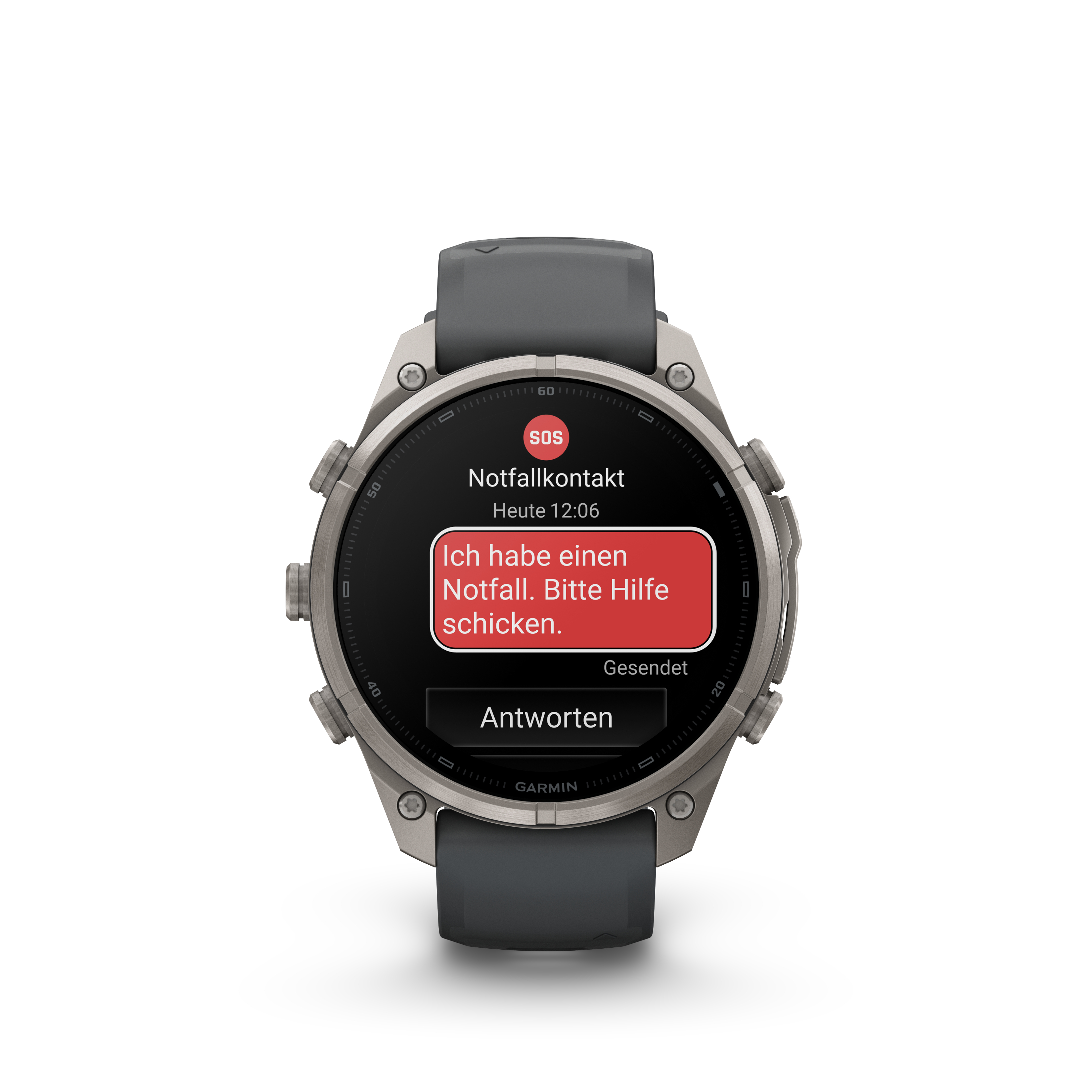 Eine Smartwatch zeigt eine SOS-Notfallnachricht mit rotem Hintergrund und dem Text Bitte Hilfe schicken.