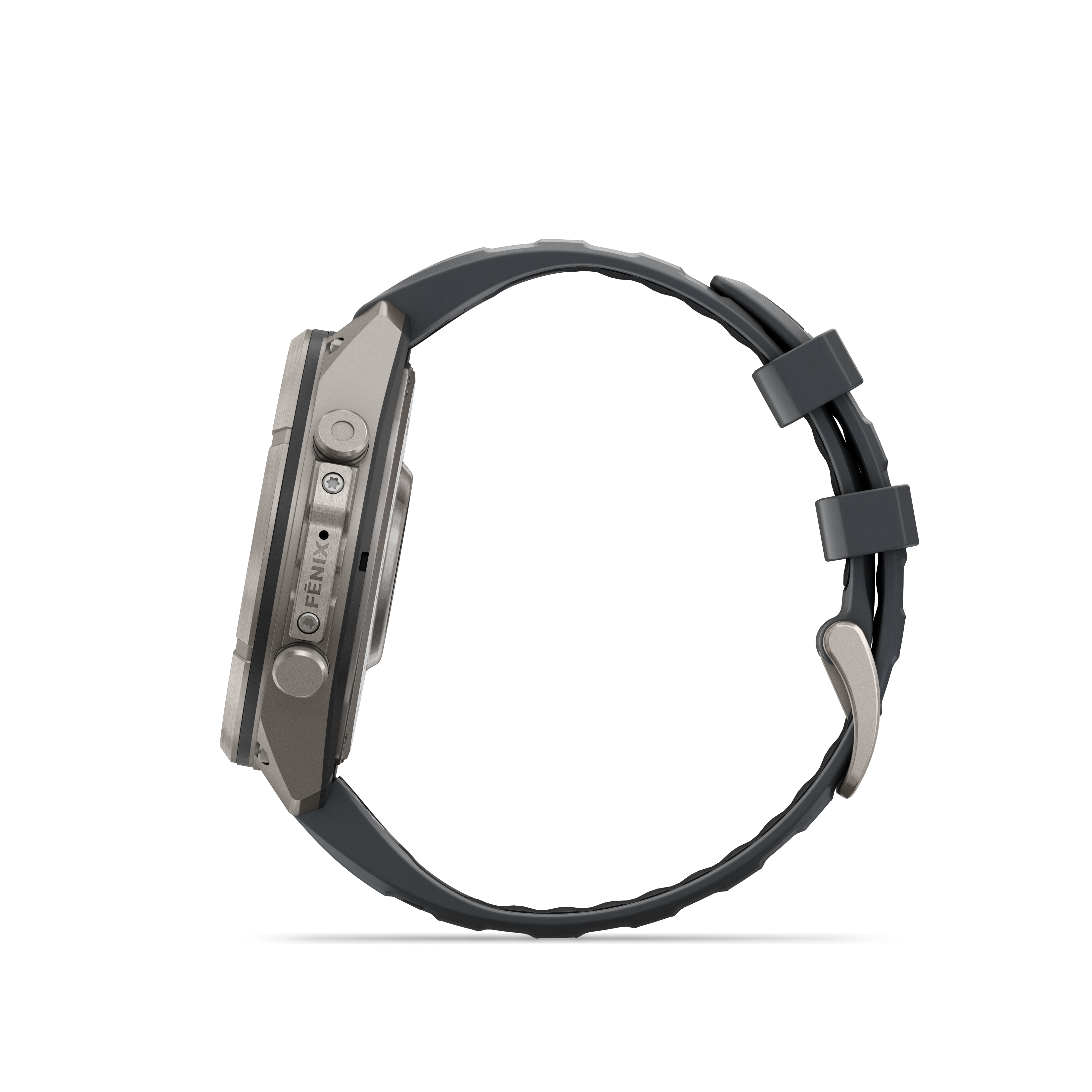 Eine graue Fenix-Sportuhr mit schwarzem Silikonarmband und silberner Schließe, seitlich auf weißem Grund.