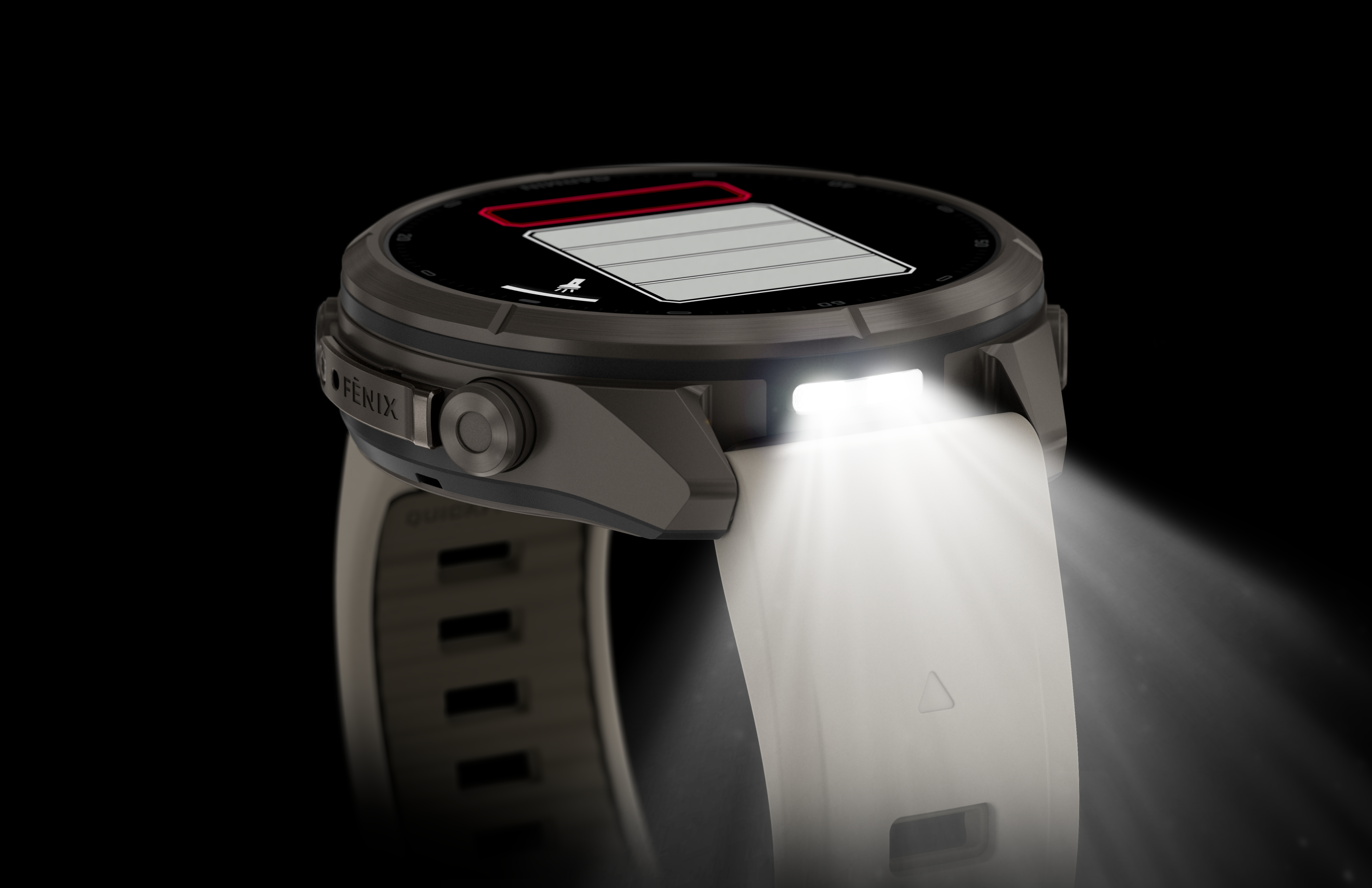 Eine graue Fenix-Smartwatch mit integrierter LED-Taschenlampe, die helles Licht auf ein weißes Armband wirft.