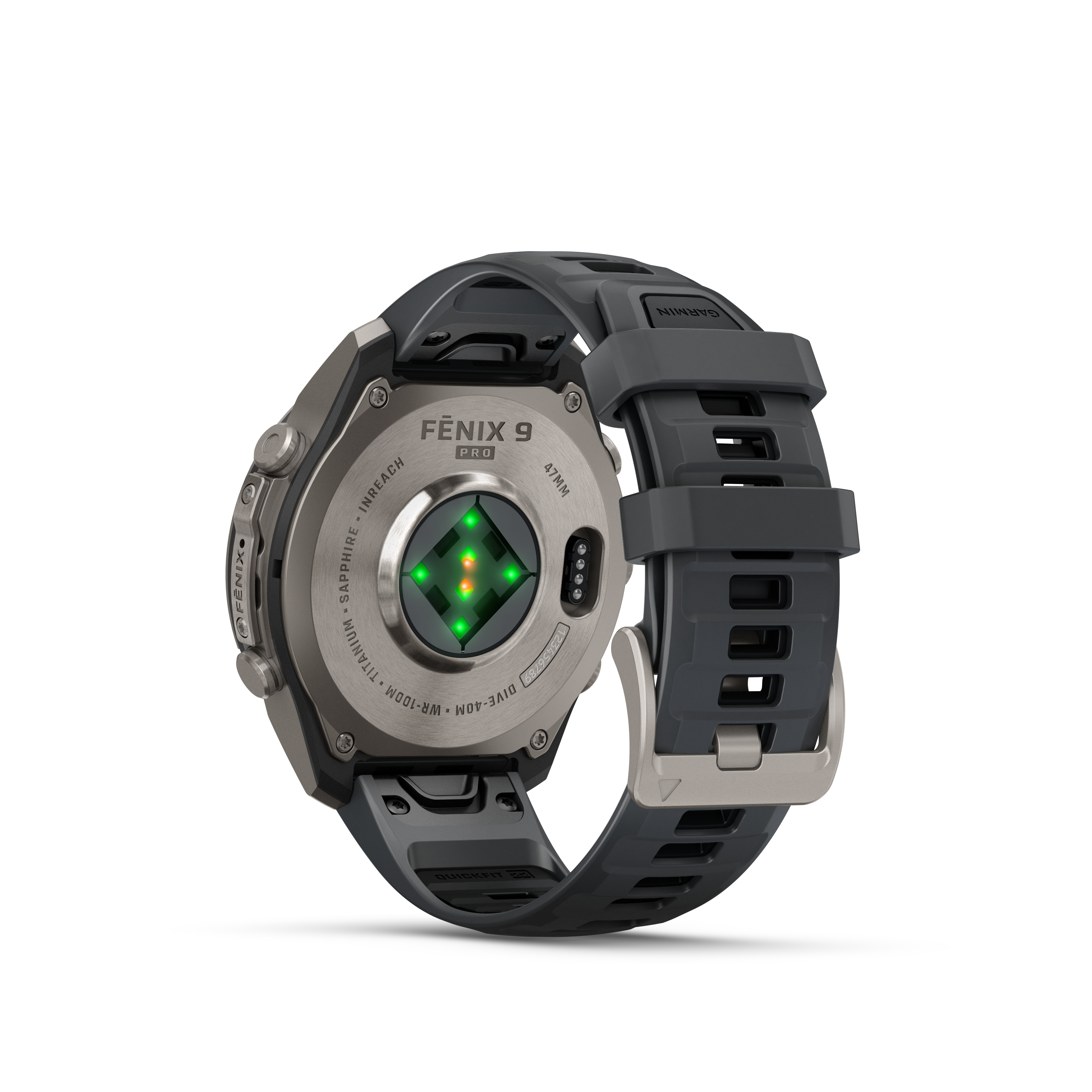 Rückseite einer grauen Garmin Fenix 9 Pro Sportuhr mit grünem Herzfrequenzsensor auf weißem Grund.