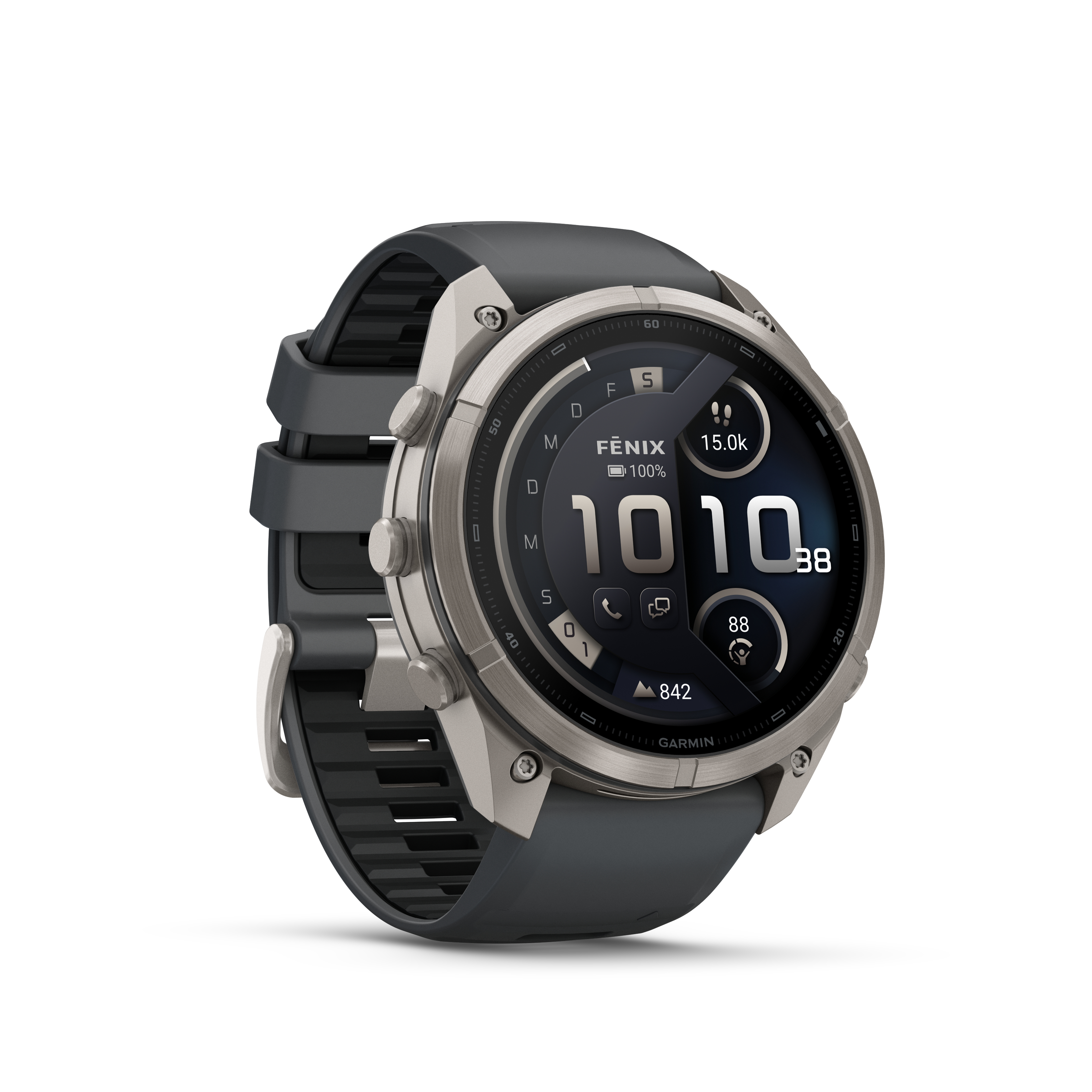 Eine graue Garmin Fenix Smartwatch mit schwarzem Armband auf weißem Hintergrund.