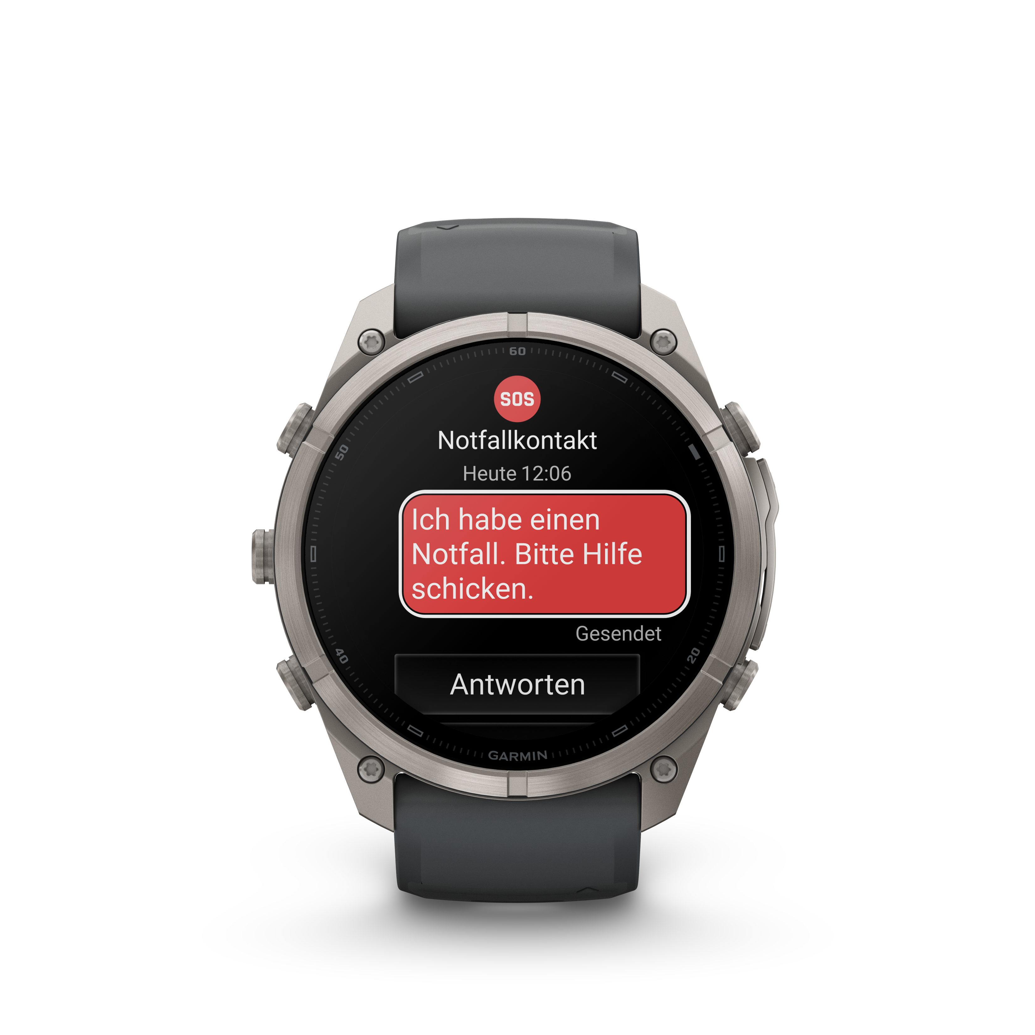 Eine Smartwatch mit silbernem Gehäuse und schwarzem Armband zeigt auf dem Display eine rote SOS-Notfallnachricht.