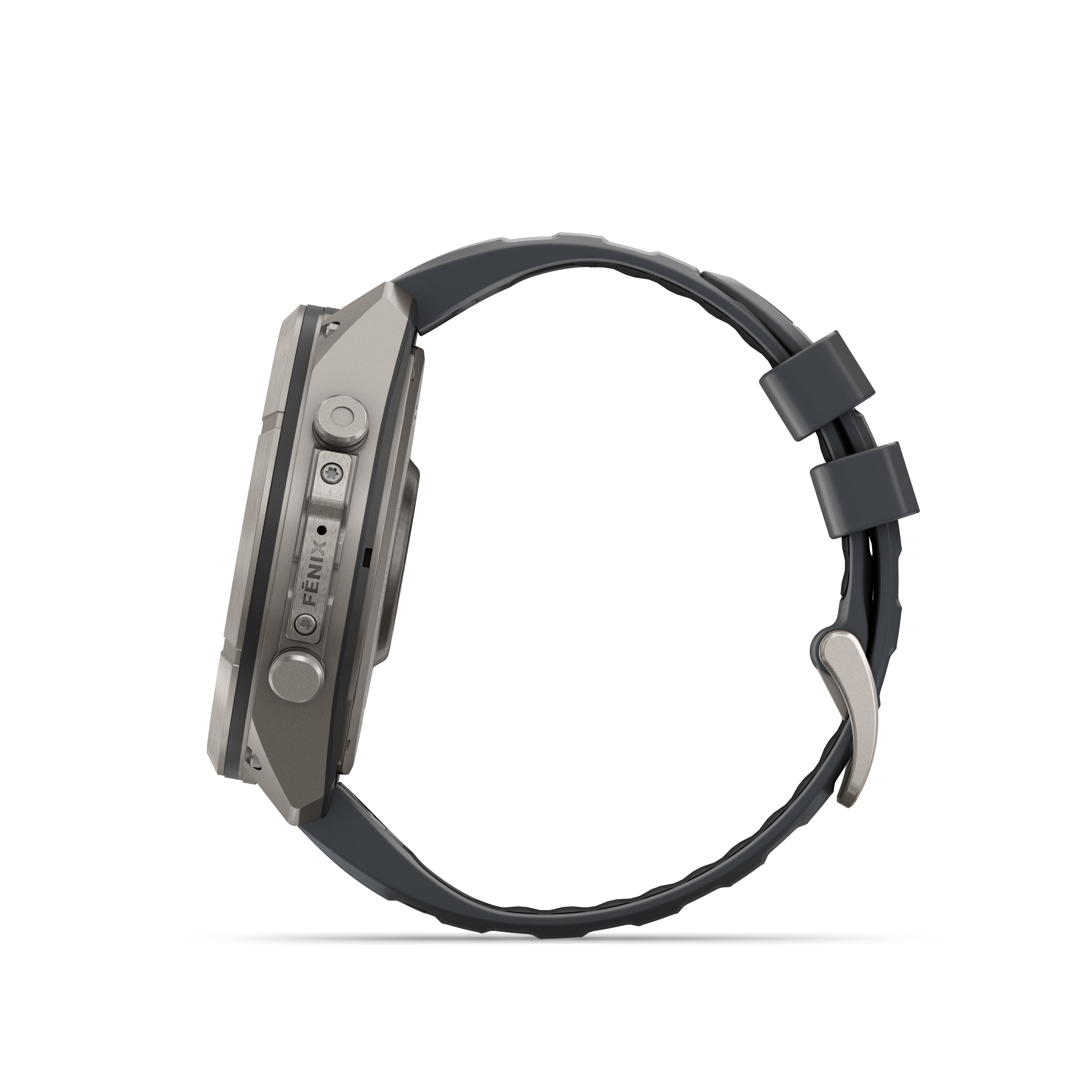 Seitenansicht einer grauen Sportuhr mit Metallgehäuse, Fenix-Schriftzug und dunklem Silikonarmband auf weißem Grund.