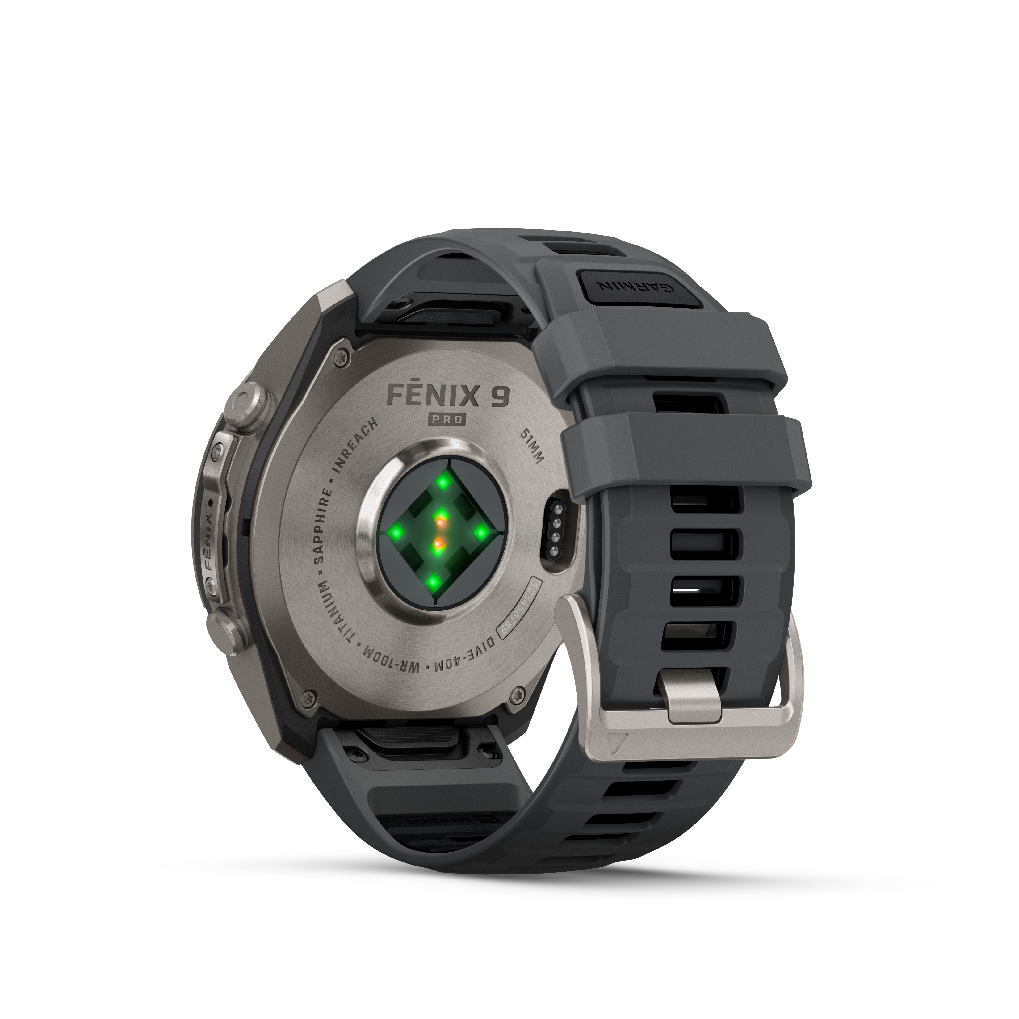 Rückseite einer Garmin Fenix 9 Pro Smartwatch mit grauem Silikonarmband und grünen Sensoren auf weißem Grund.