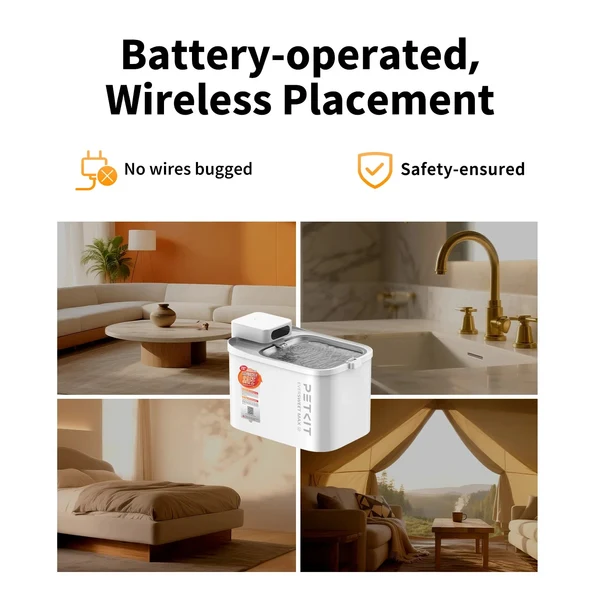 Fontanella wireless per animali in quattro ambienti interni: soggiorno, bagno, camera da letto e tenda.