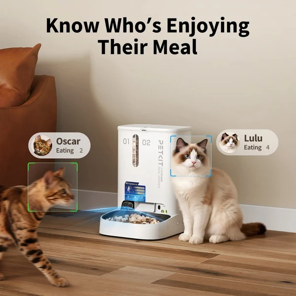 Una mangiatoia intelligente per animali con riconoscimento facciale identifica due gatti.