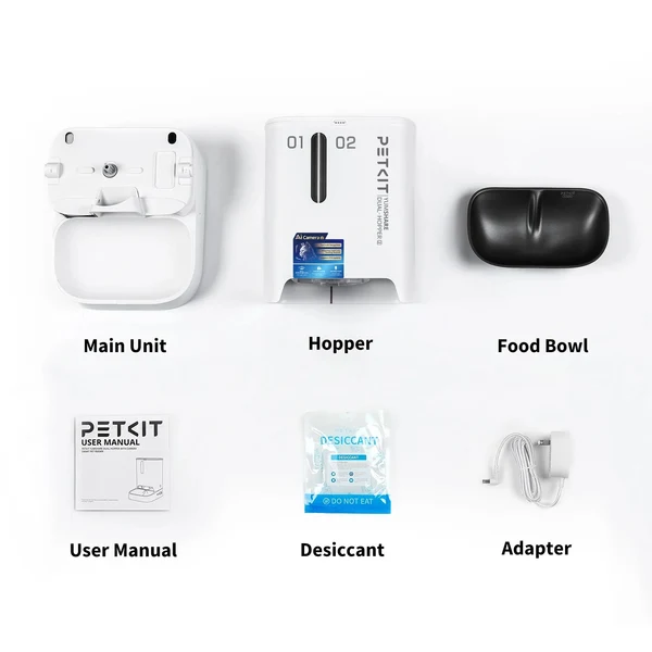 Sei componenti di una mangiatoia Petkit: unità principale, tromba, ciotola, manuale, disseccante e adattatore.