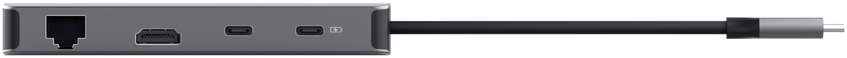 Grauer USB-C-Hub mit Ethernet-, HDMI- und zwei USB-C-Anschlüssen sowie integriertem Kabel.