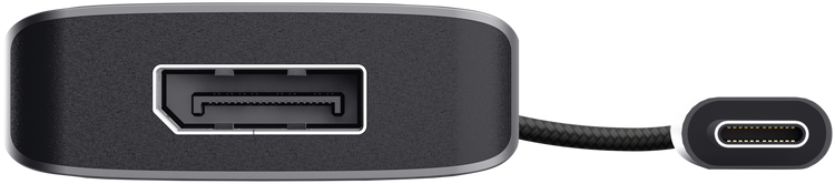 Ein grauer Adapter mit einem großen DisplayPort-Anschluss und einem angeschlossenen USB-C-Kabel auf schwarzem Grund.