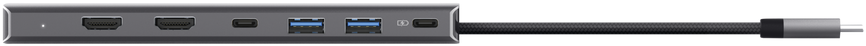 Grauer USB-C-Hub mit HDMI-, USB- und USB-C-Anschlüssen.