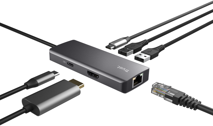 Hub USB-C grigio con cavi collegati e porte su sfondo nero.
