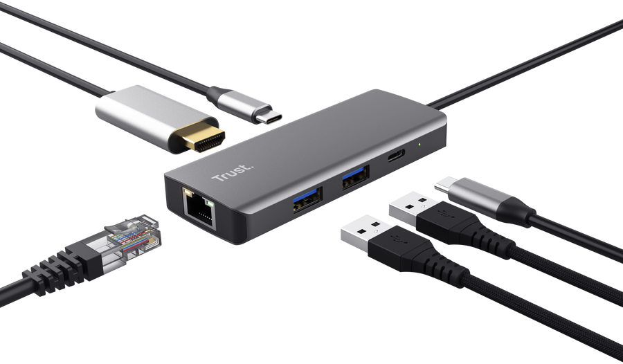 Hub USB-C grigio con più porte, collegato a vari cavi su sfondo nero.