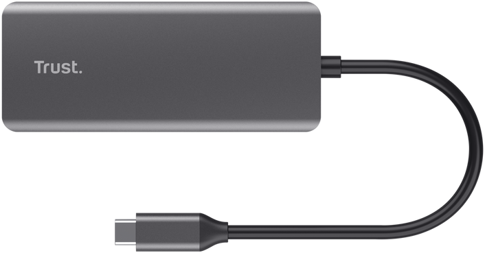 Hub USB-C Trust grigio con cavo nero e connettore su sfondo nero.
