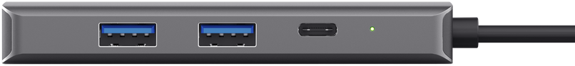 Hub USB-C grigio con due porte USB-A, una porta USB-C e una spia LED verde su sfondo nero.