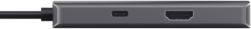 Hub USB-C grigio con una porta USB-C e una porta HDMI su sfondo nero.