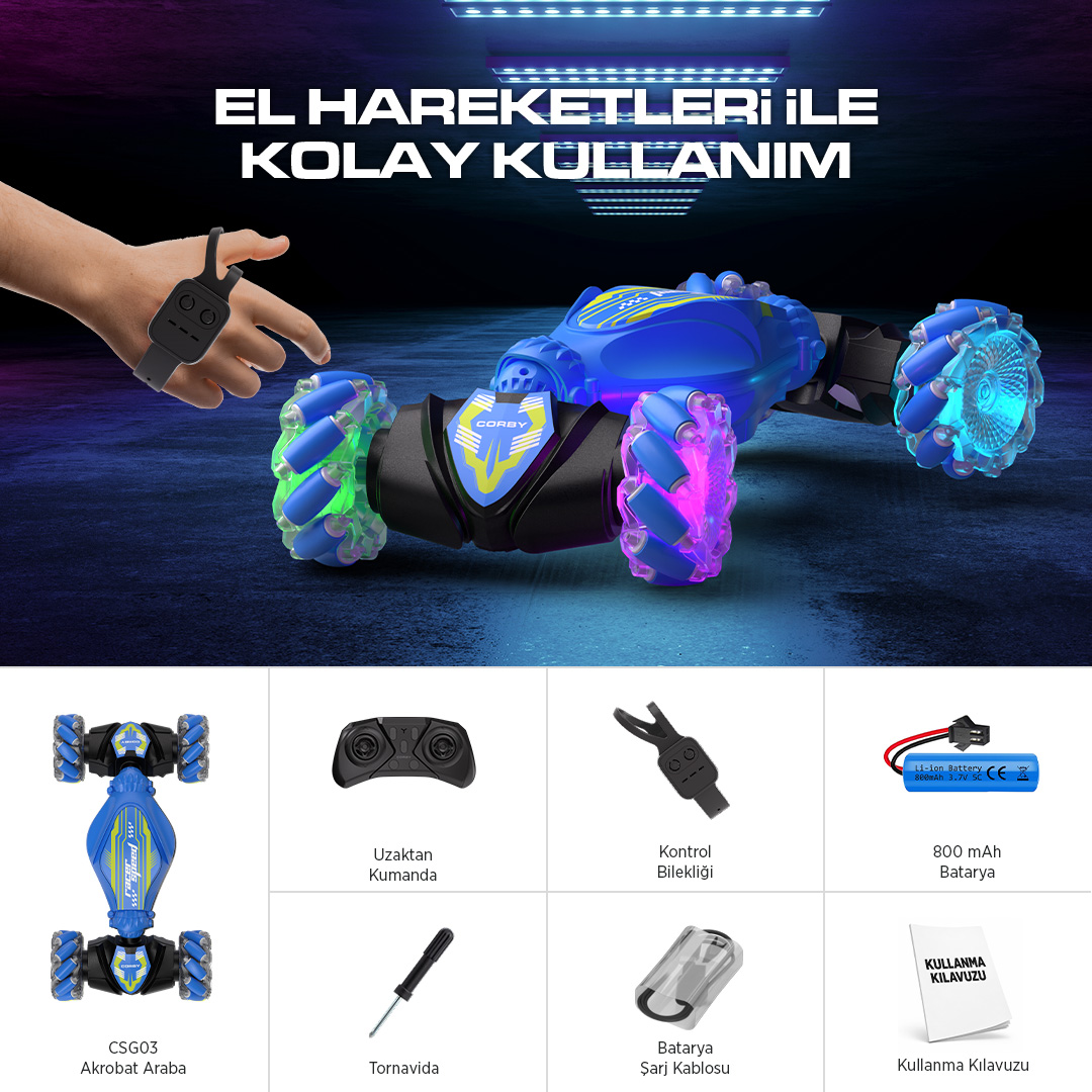 El hareketi kontrolü, kumanda, pil, aletler ve kılavuz içeren mavi RC akrobat araba.
