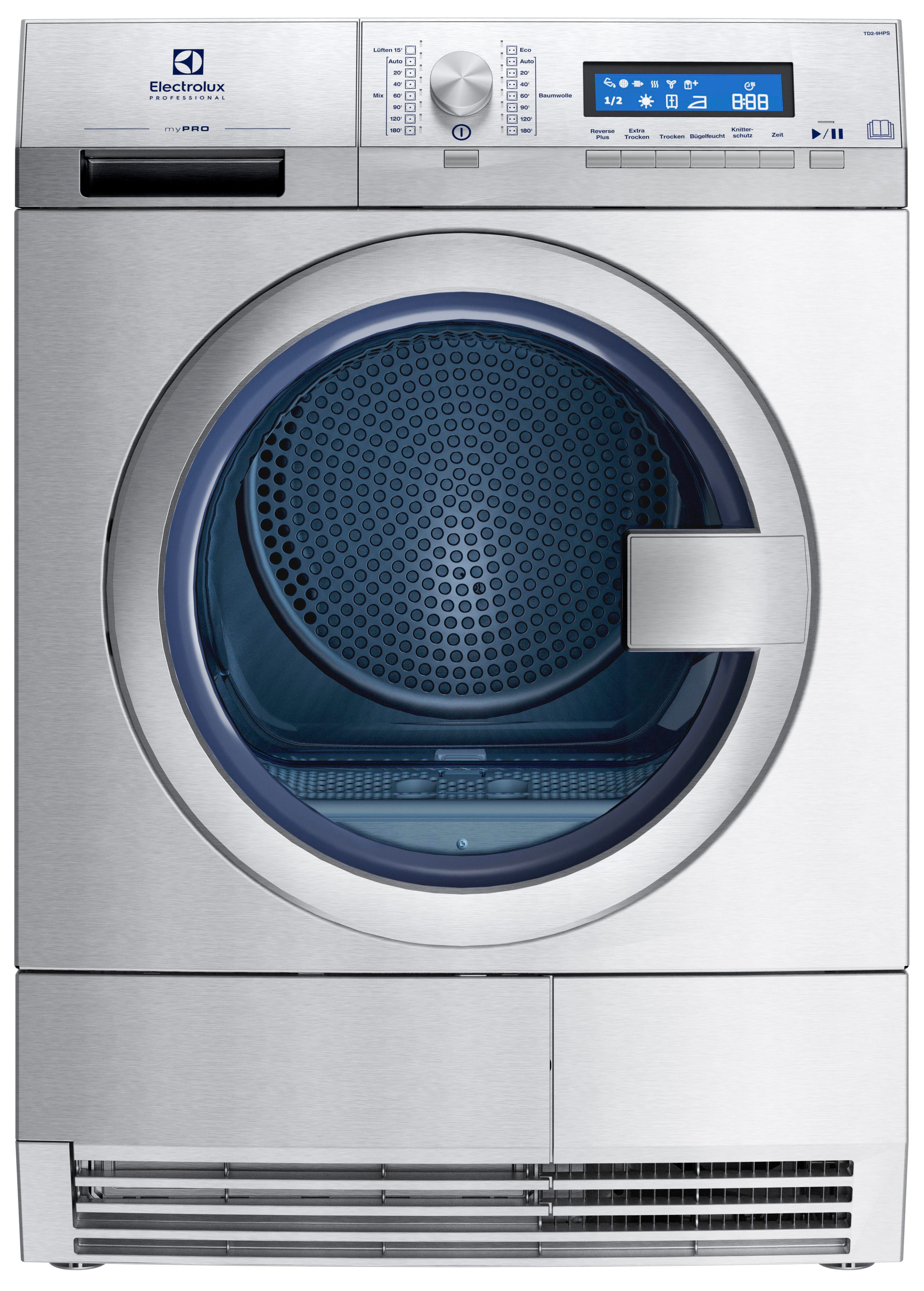 Ein gewerblicher Electrolux Frontlader-Trockner aus Edelstahl mit Digitaldisplay und runder Glastür.