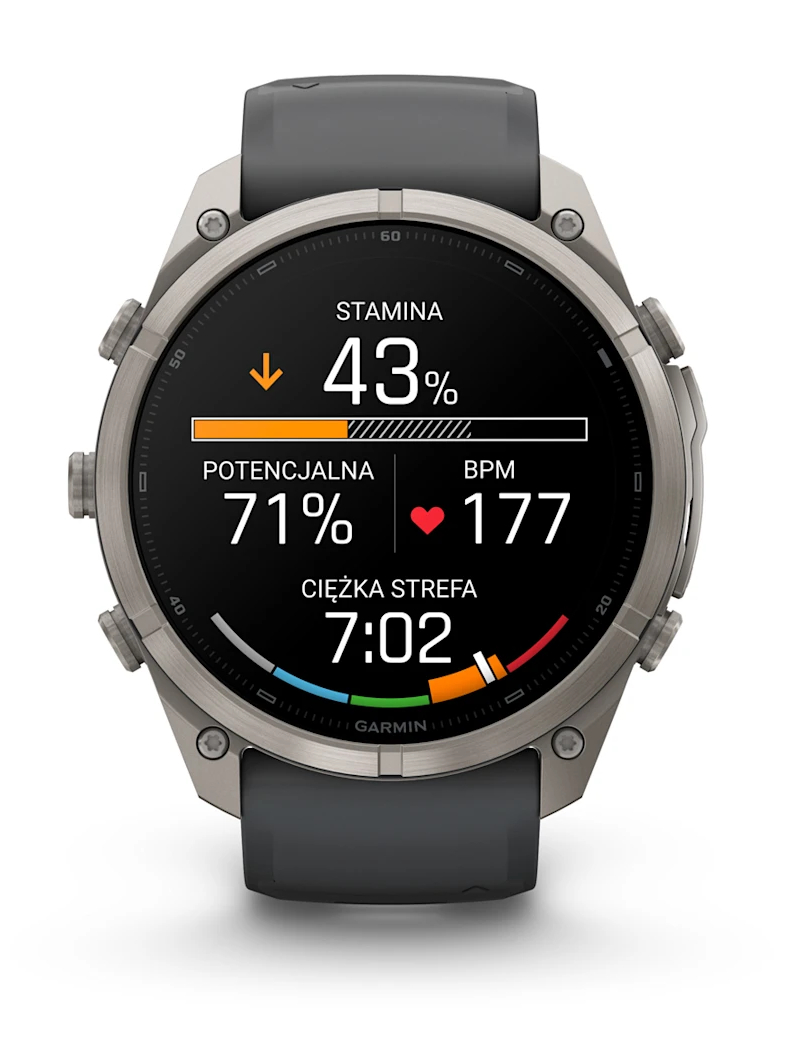 Zegarek sportowy Garmin wyświetla dane treningowe, takie jak wytrzymałość, tętno i potencjał.