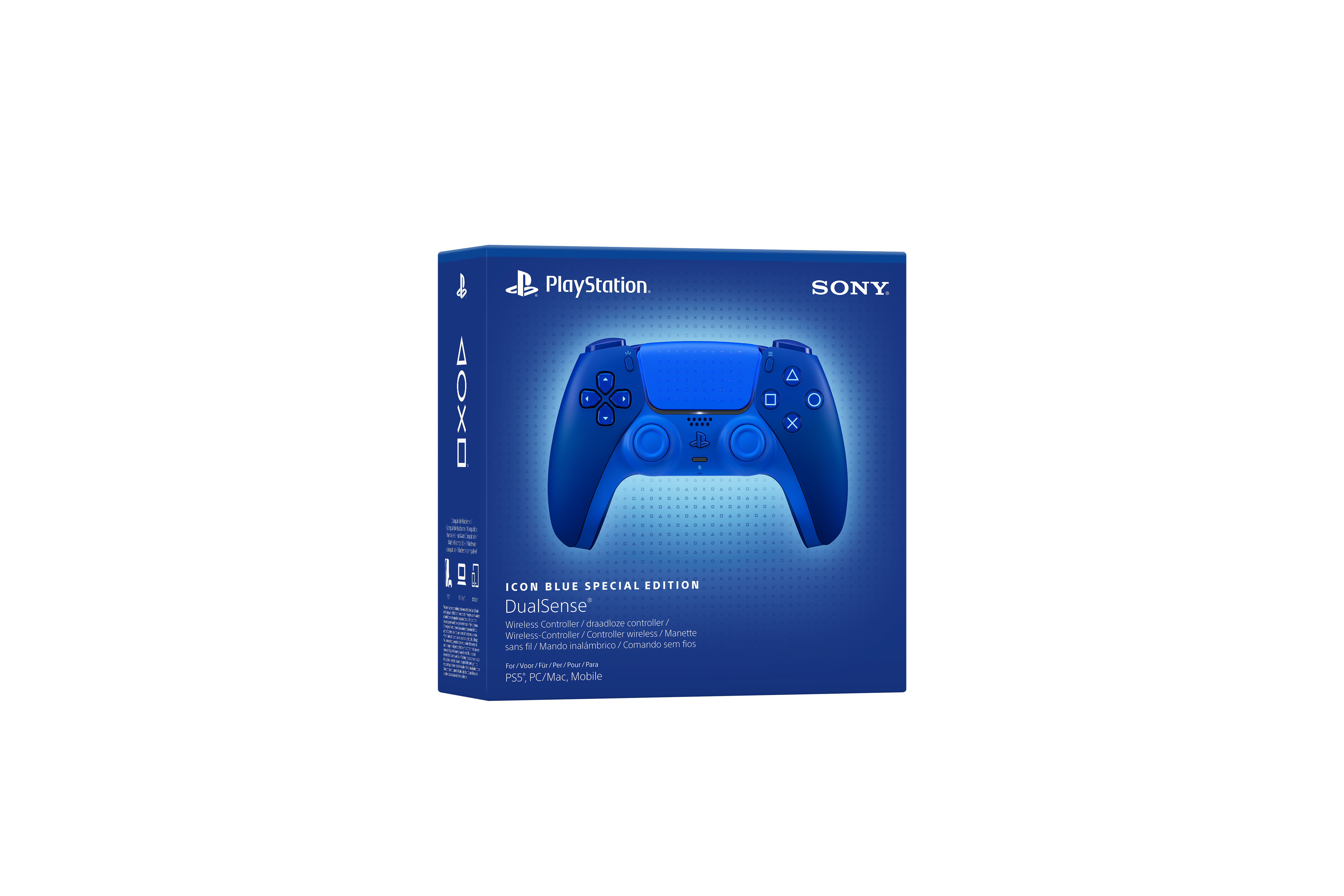 Una caja azul de mando inal%e1mbrico PlayStation 5 DualSense sobre fondo negro.