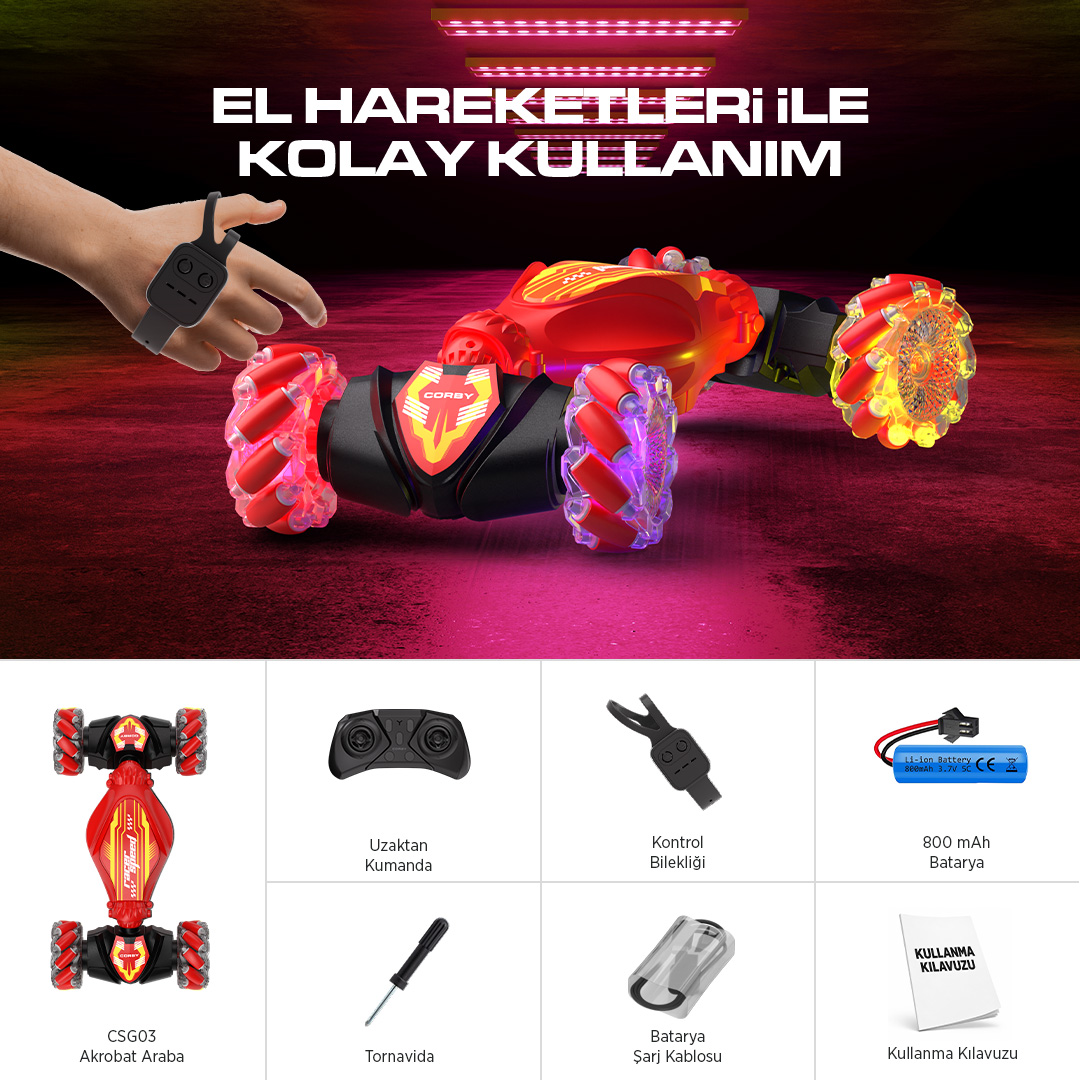 Kırmızı arka planda bileklik kumandalı ve aksesuarlı kırmızı renkli akrobat araba.