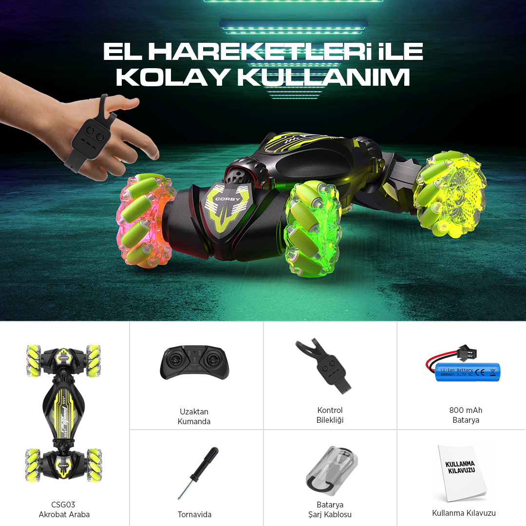 El bilekliği, kumandası, pili, tornavidası, kablosu ve kılavuzu olan siyah-yeşil akrobat uzaktan kumandalı araba.