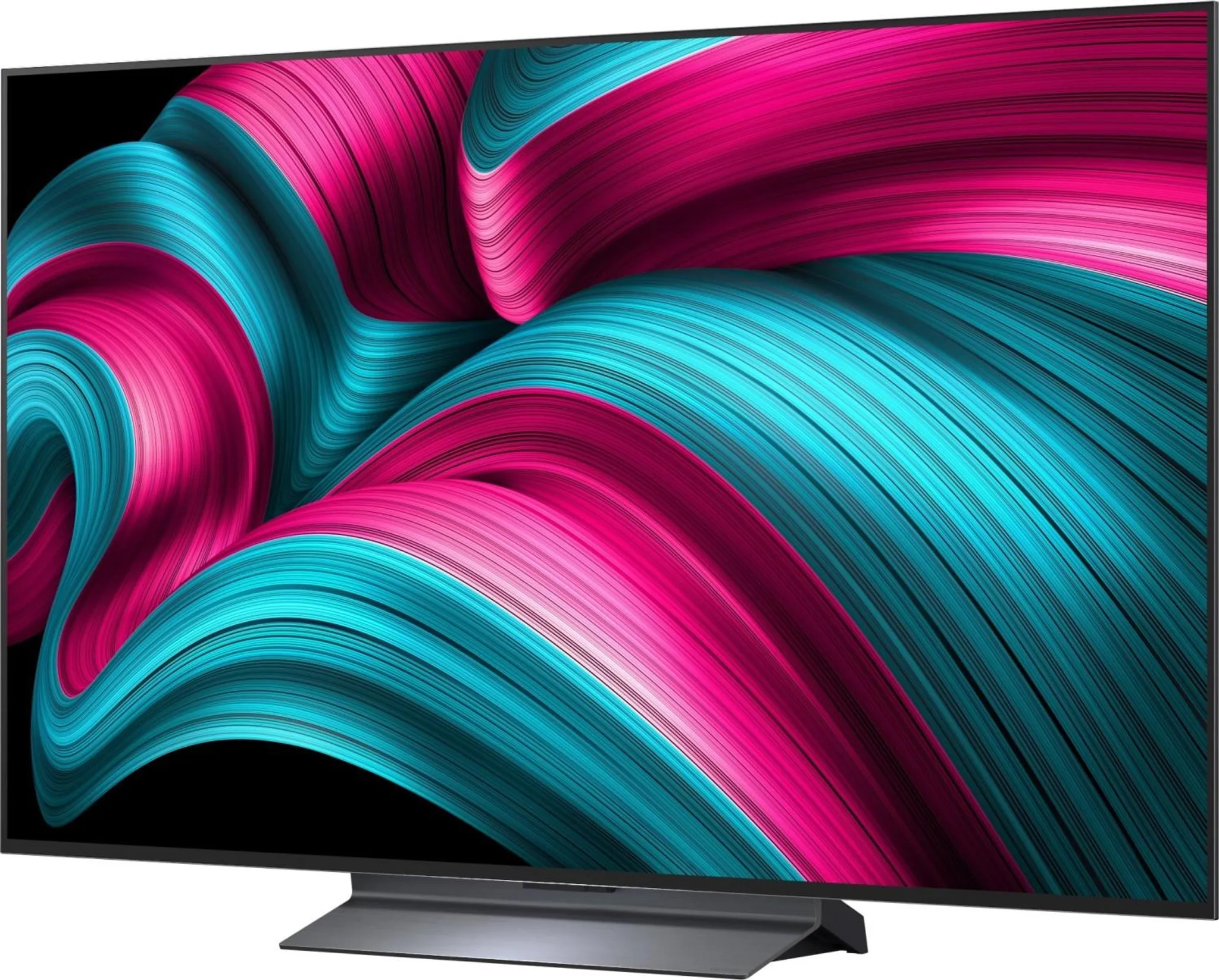Un televisor moderno con soporte muestra un patrón abstracto de cintas rosadas y turquesas.