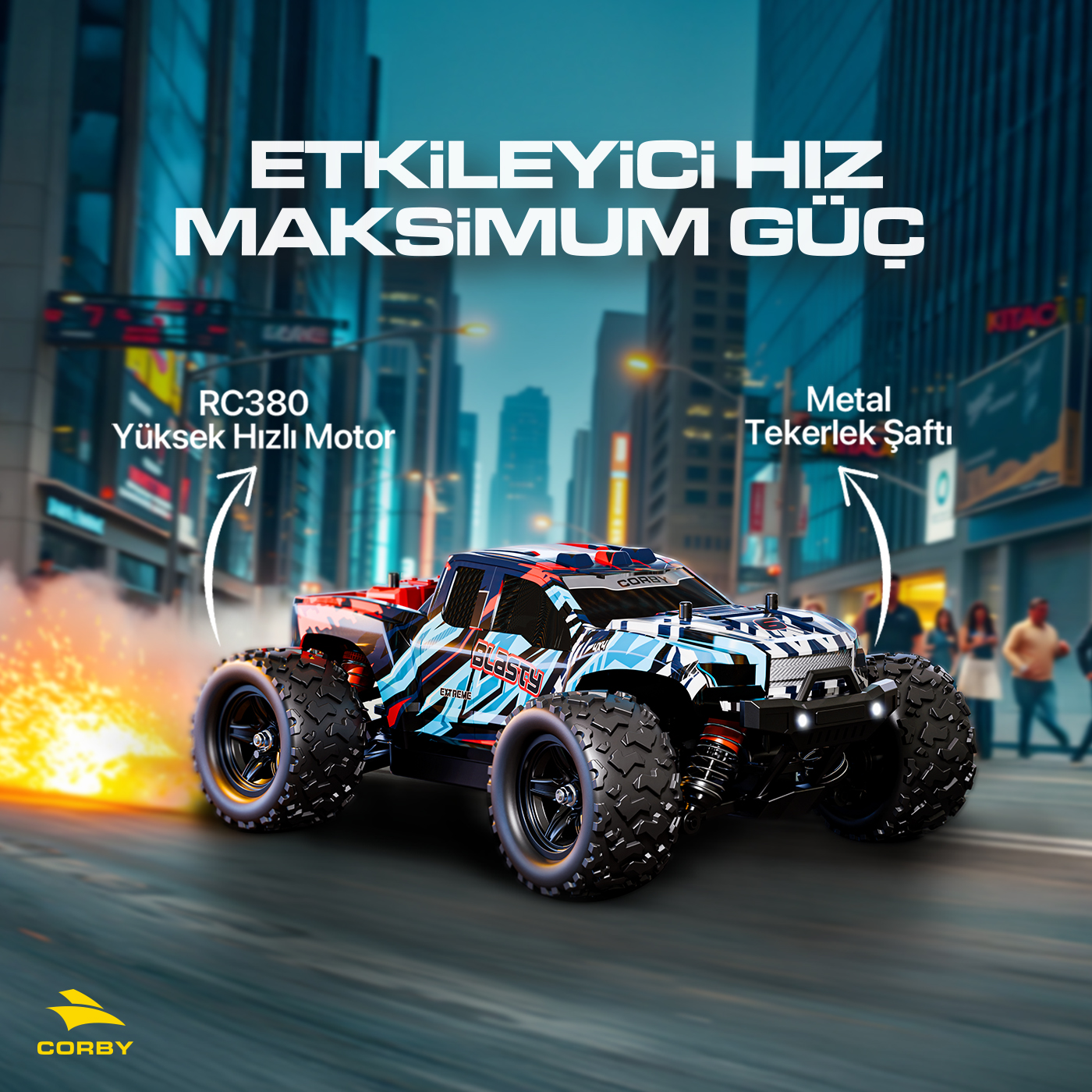 Uzaktan kumandalı canavar kamyon aydınlık bir şehirde yarışıyor, motor ve şaft gibi özellikleri vurguluyor.