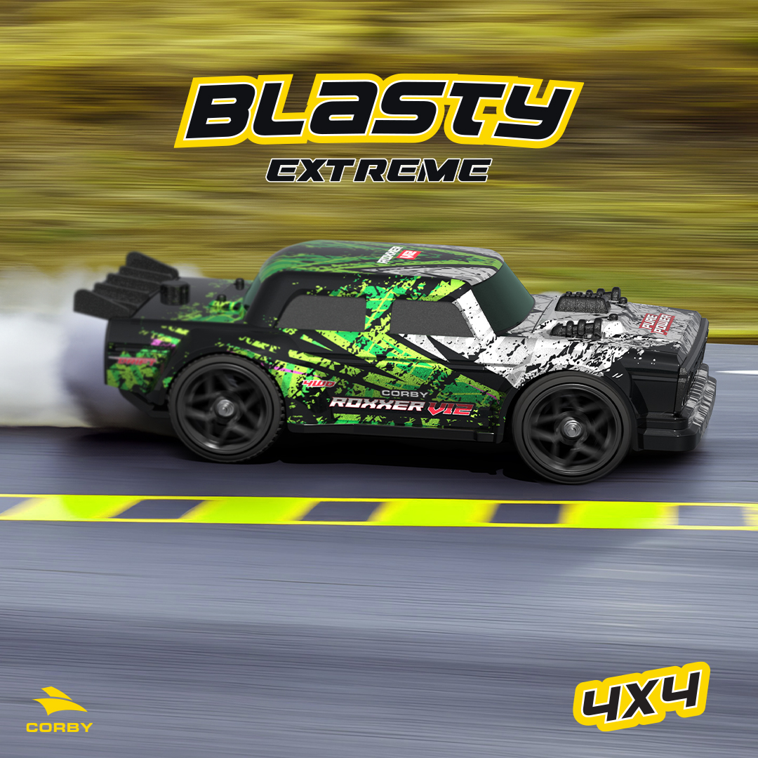Asfaltta drift yapan uzaktan kumandalı araba, arka planda Blasty Extreme yazısı var.