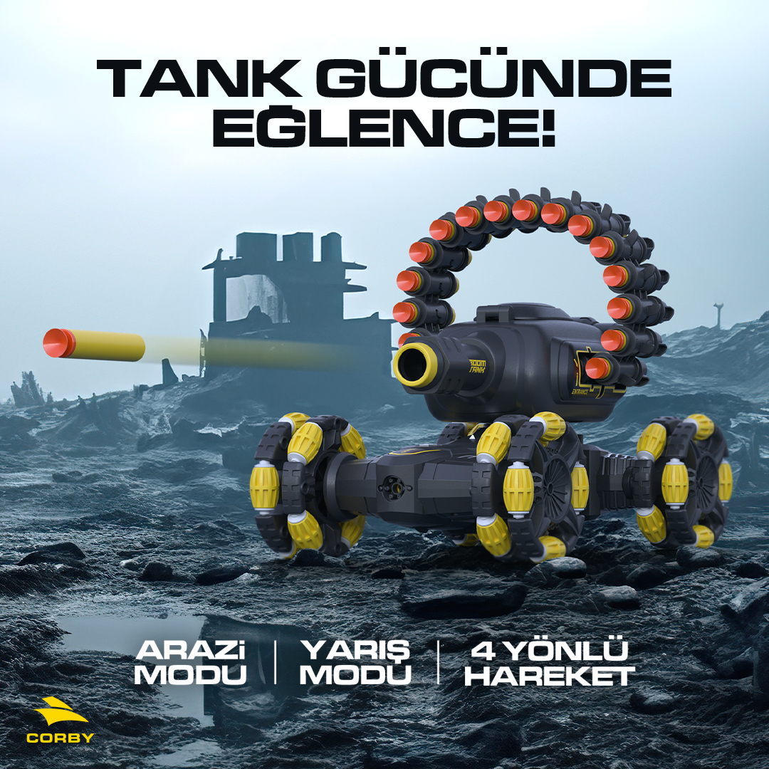 Sarı tekerlekli siyah oyuncak bir araç, kayalık arazide köpük mermi atıyor.