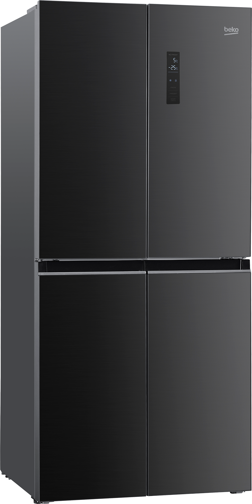 Modern fekete Beko négyajtós hűtőszekrény digitális kijelzővel fekete háttér előtt.