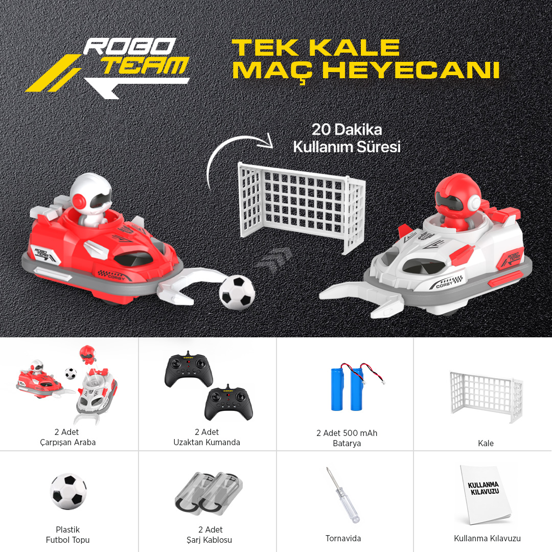 Siyah zemin üzerinde kale, futbol topu ve aksesuarları olan iki uzaktan kumandalı araç.