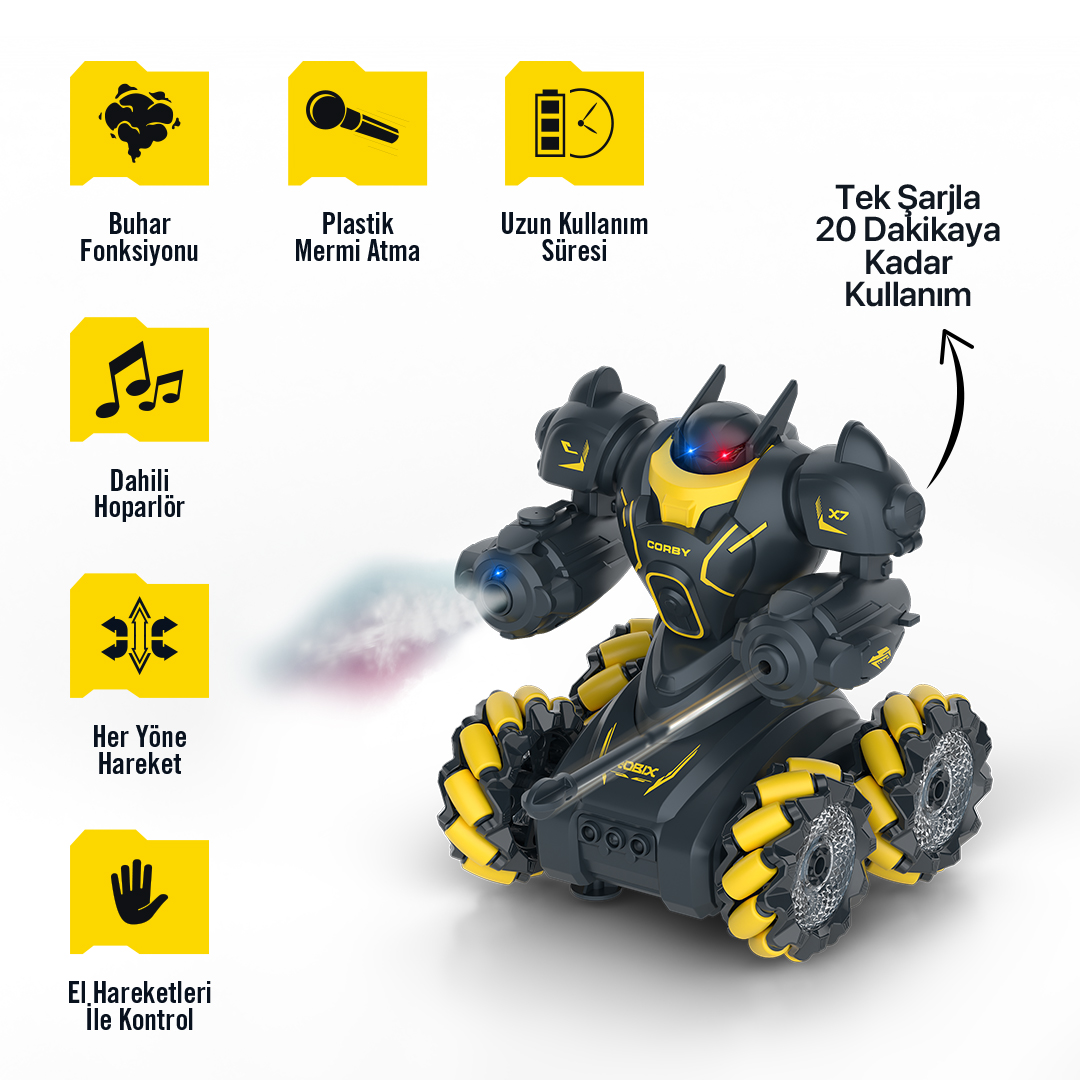 Sarı detaylı siyah robot, buhar ve mermi gibi özellikler sergileyen mekanum tekerleklere sahip.