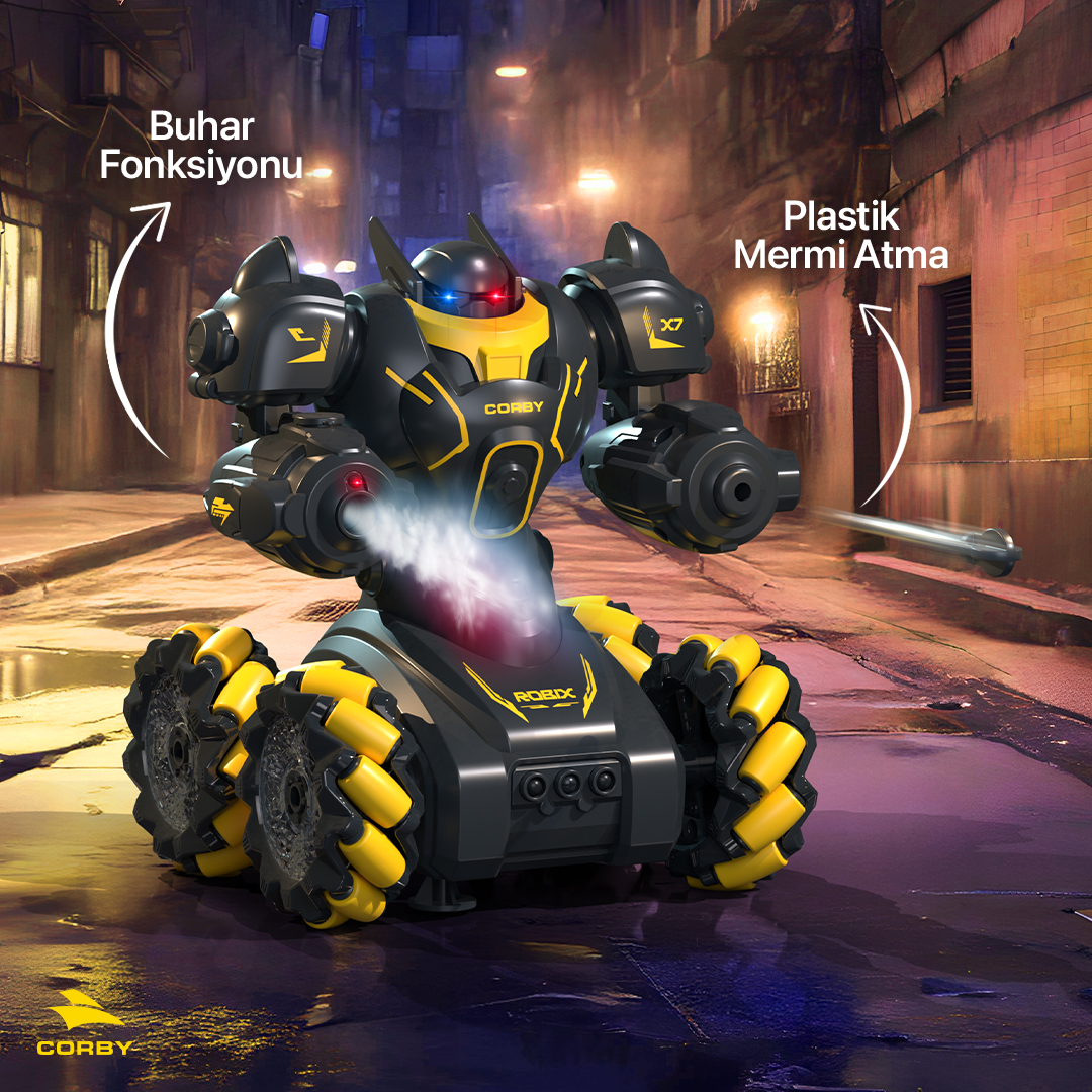 Dar bir sokakta su ve plastik mermi atan, tekerlekli siyah ve sarı renkli oyuncak robot.