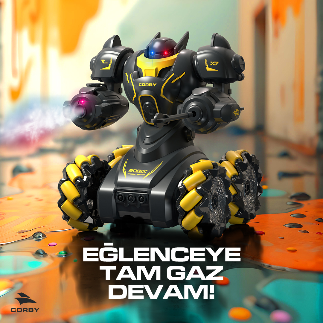 Renkli boya sıçramaları olan odada parlayan gözlü siyah ve sarı robot oyuncak tank.