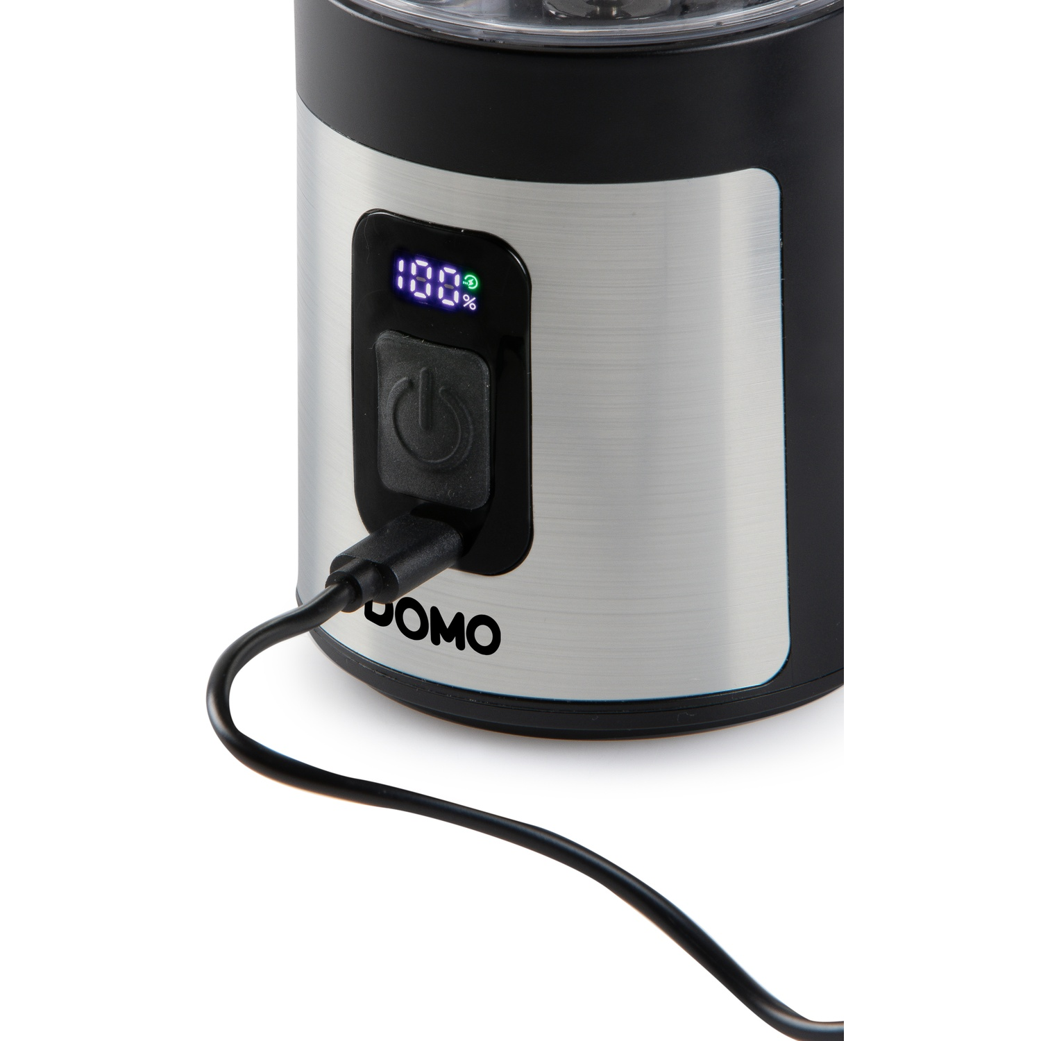 Un appareil DOMO noir et argenté avec affichage numérique à 100 %, bouton d'alimentation et câble de charge noir.