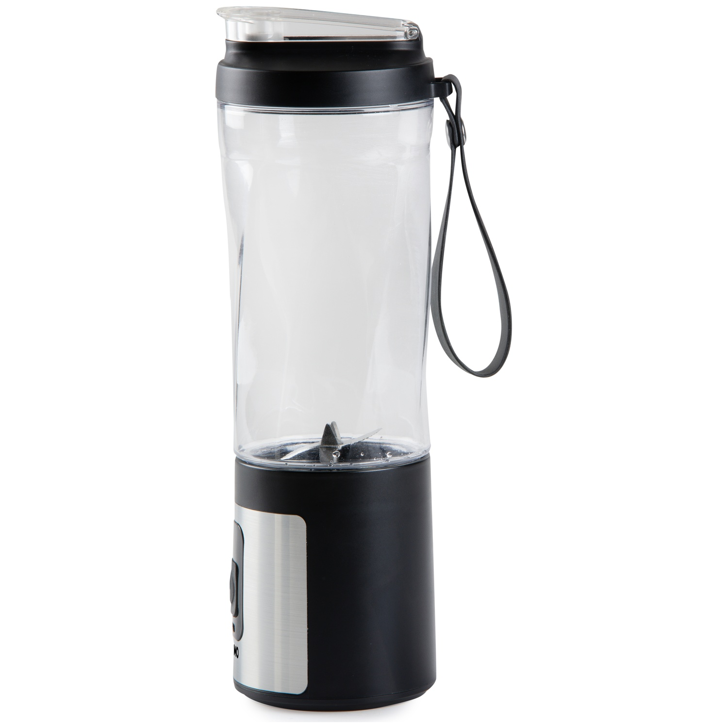 Mixeur portable avec base noire, récipient transparent, lames intégrées et lanière de transport.