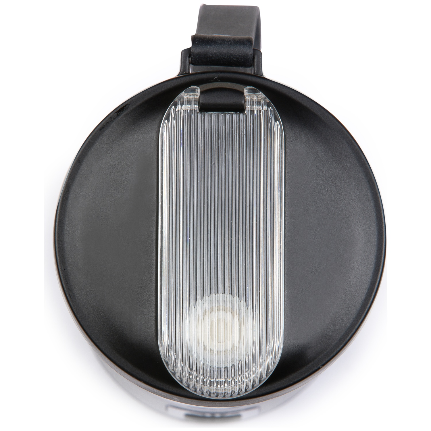 Vue de dessus d'un bouchon de bouteille noir avec un loquet en plastique transparent texturé sur fond blanc.
